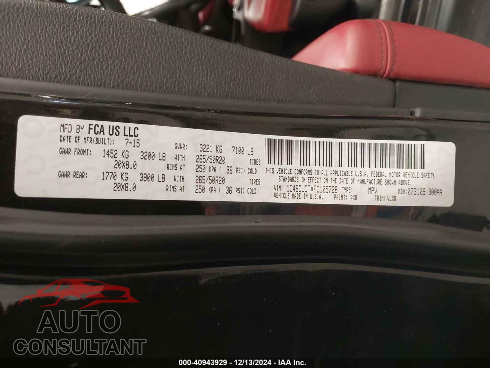DODGE DURANGO 2015 - 1C4SDJCTXFC105726