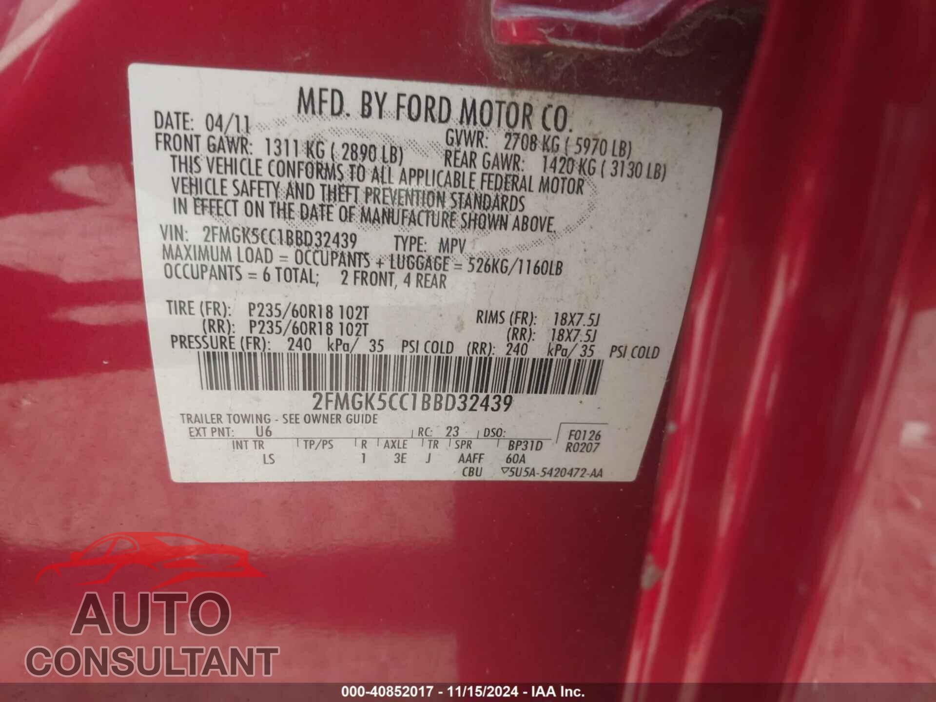 FORD FLEX 2011 - 2FMGK5CC1BBD32439