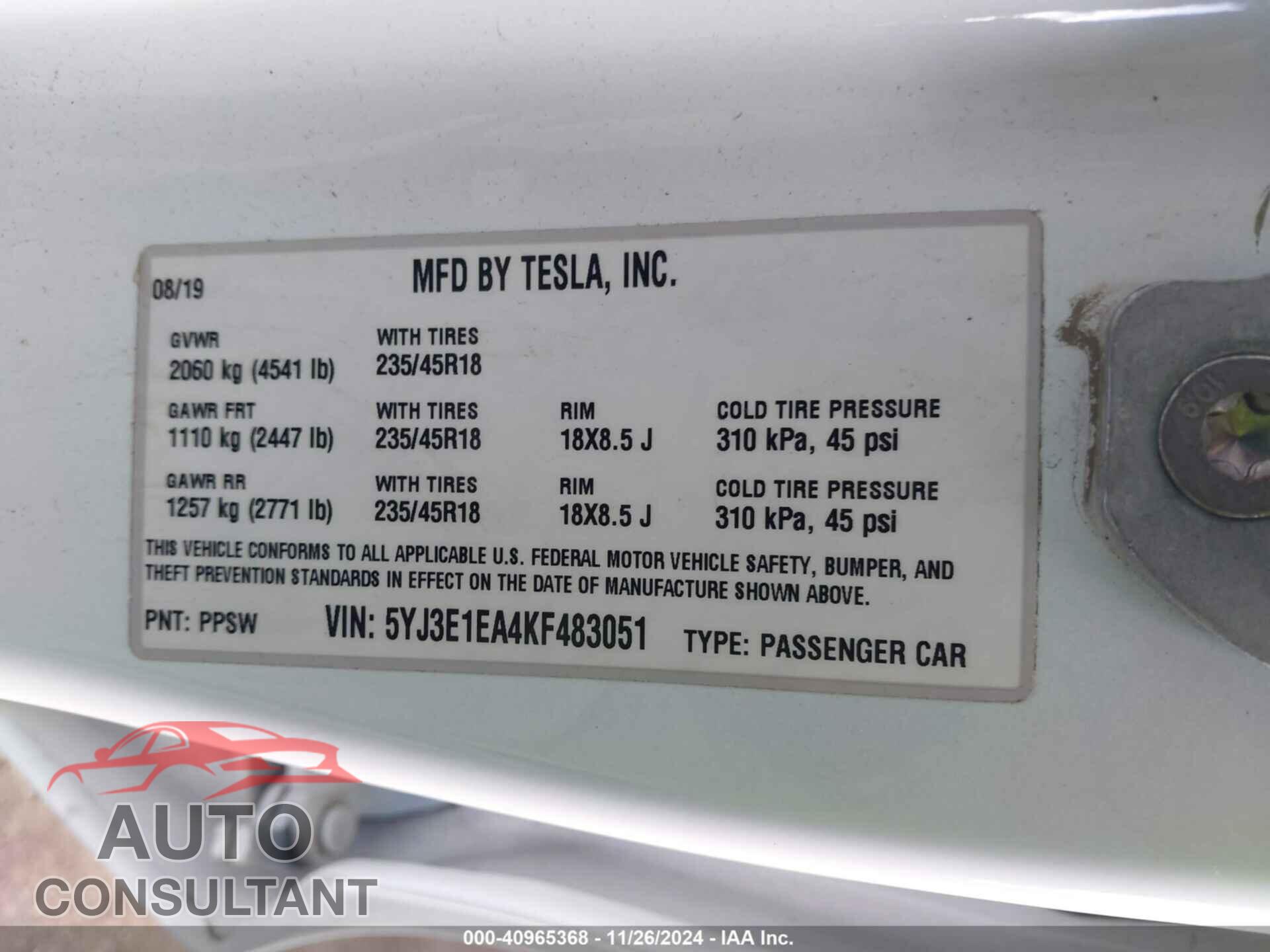 TESLA MODEL 3 2019 - 5YJ3E1EA4KF483051