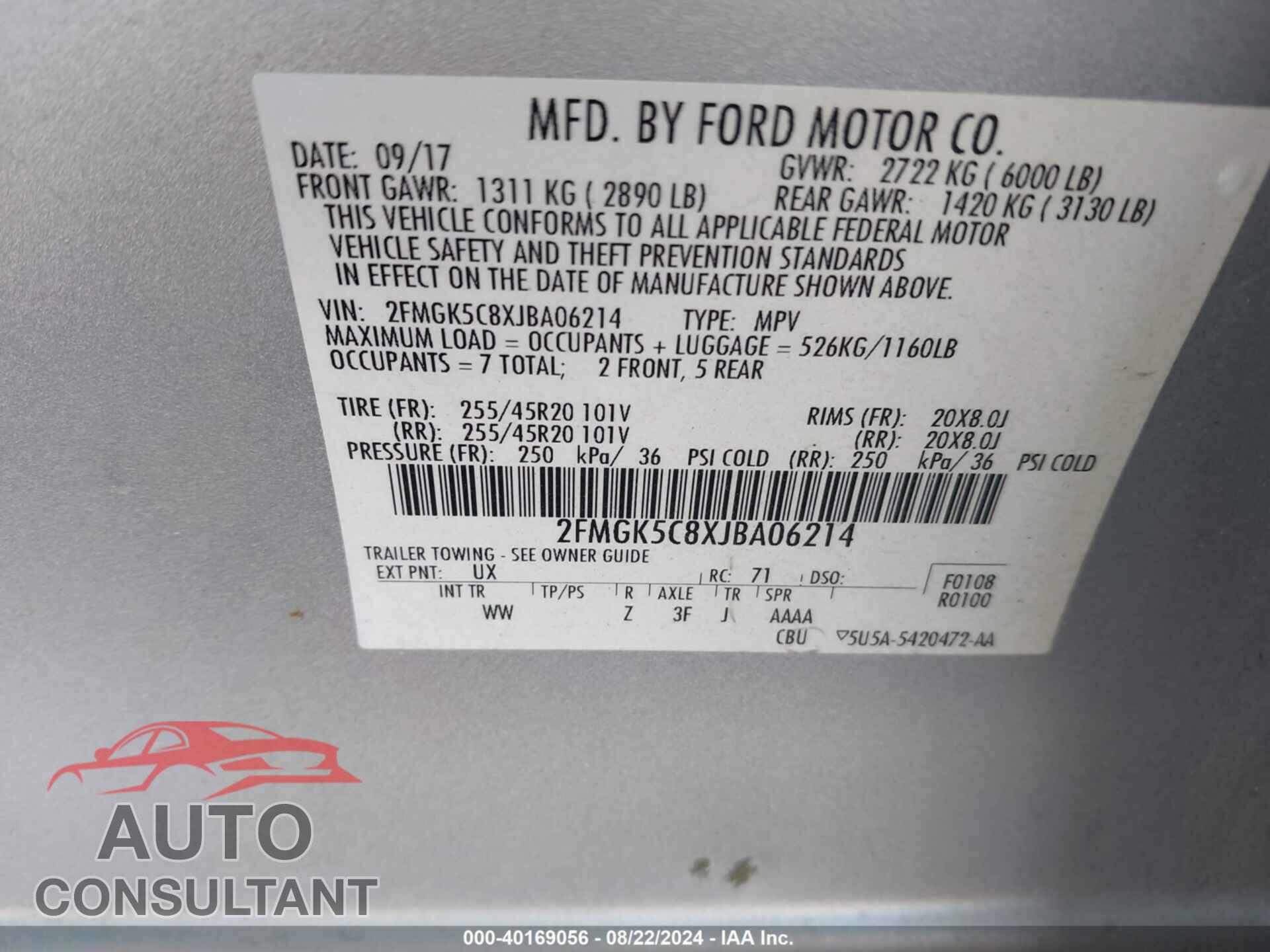 FORD FLEX 2018 - 2FMGK5C8XJBA06214