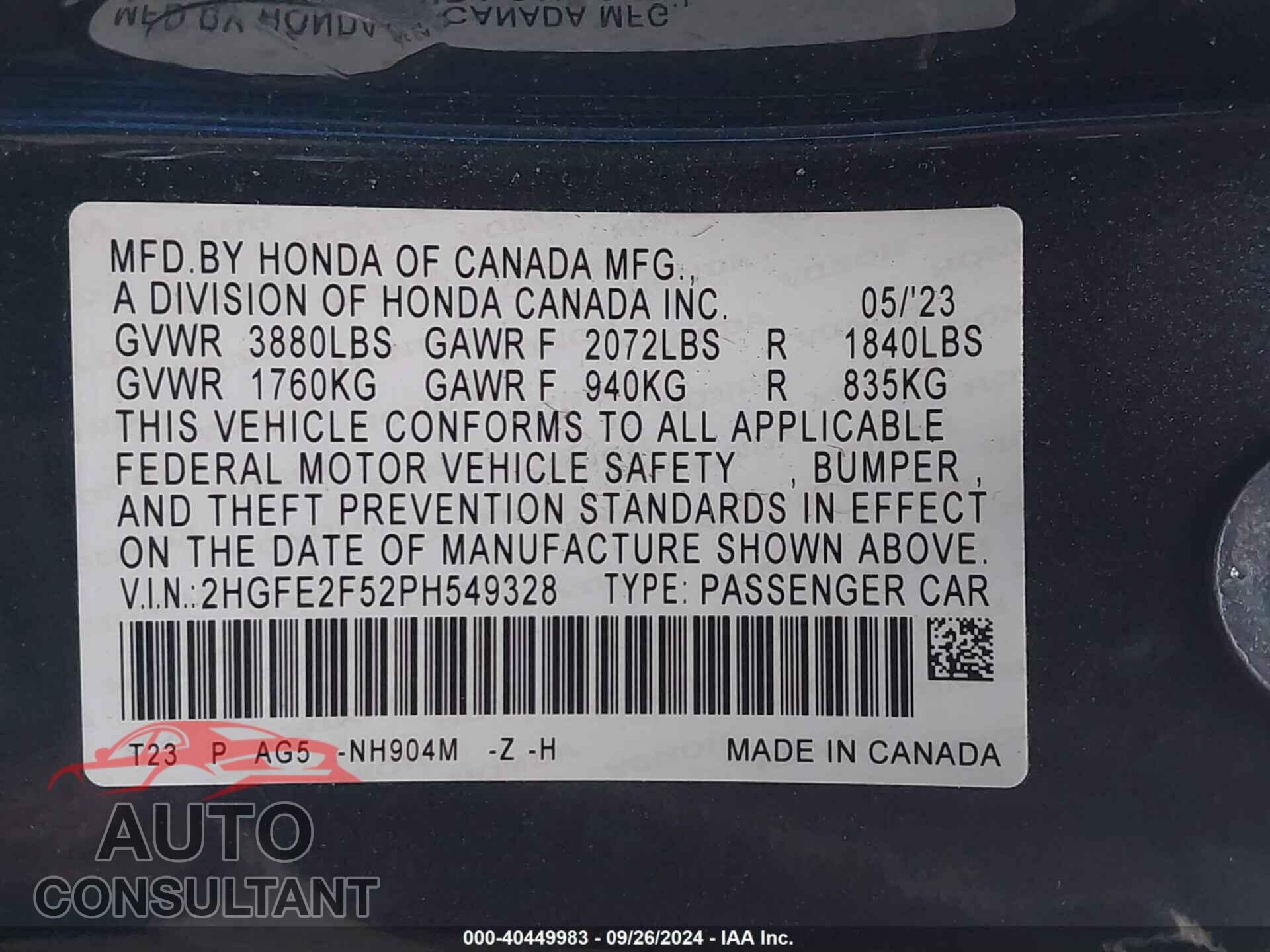 HONDA CIVIC 2023 - 2HGFE2F52PH549328