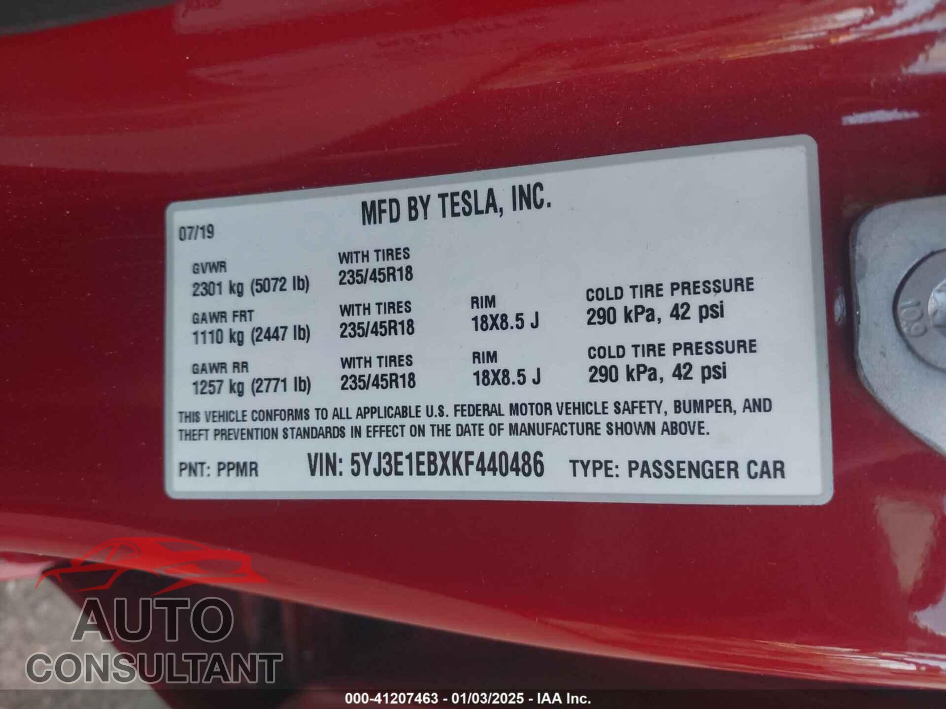 TESLA MODEL 3 2019 - 5YJ3E1EBXKF440486