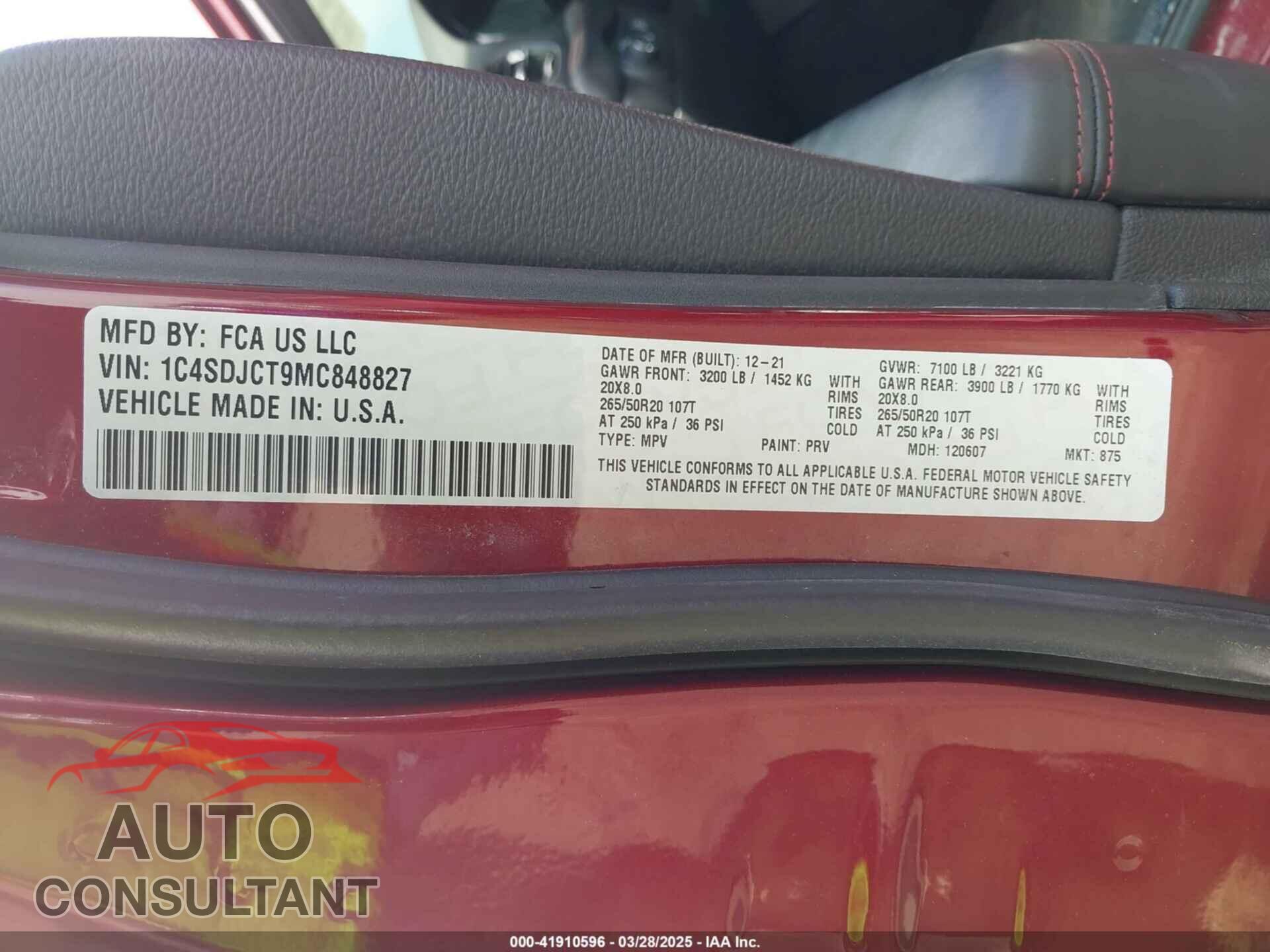 DODGE DURANGO 2021 - 1C4SDJCT9MC848827