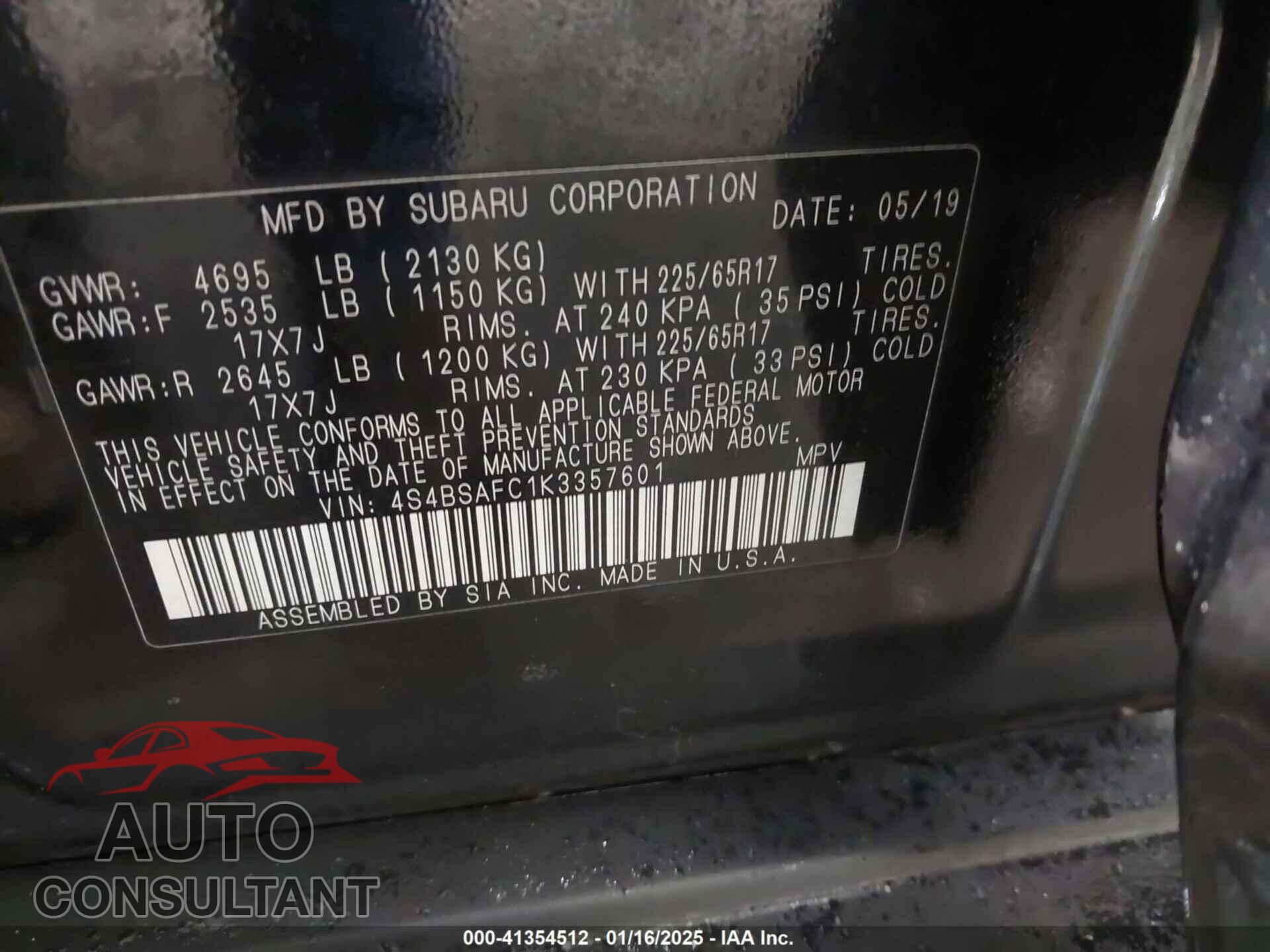 SUBARU OUTBACK 2019 - 4S4BSAFC1K3357601