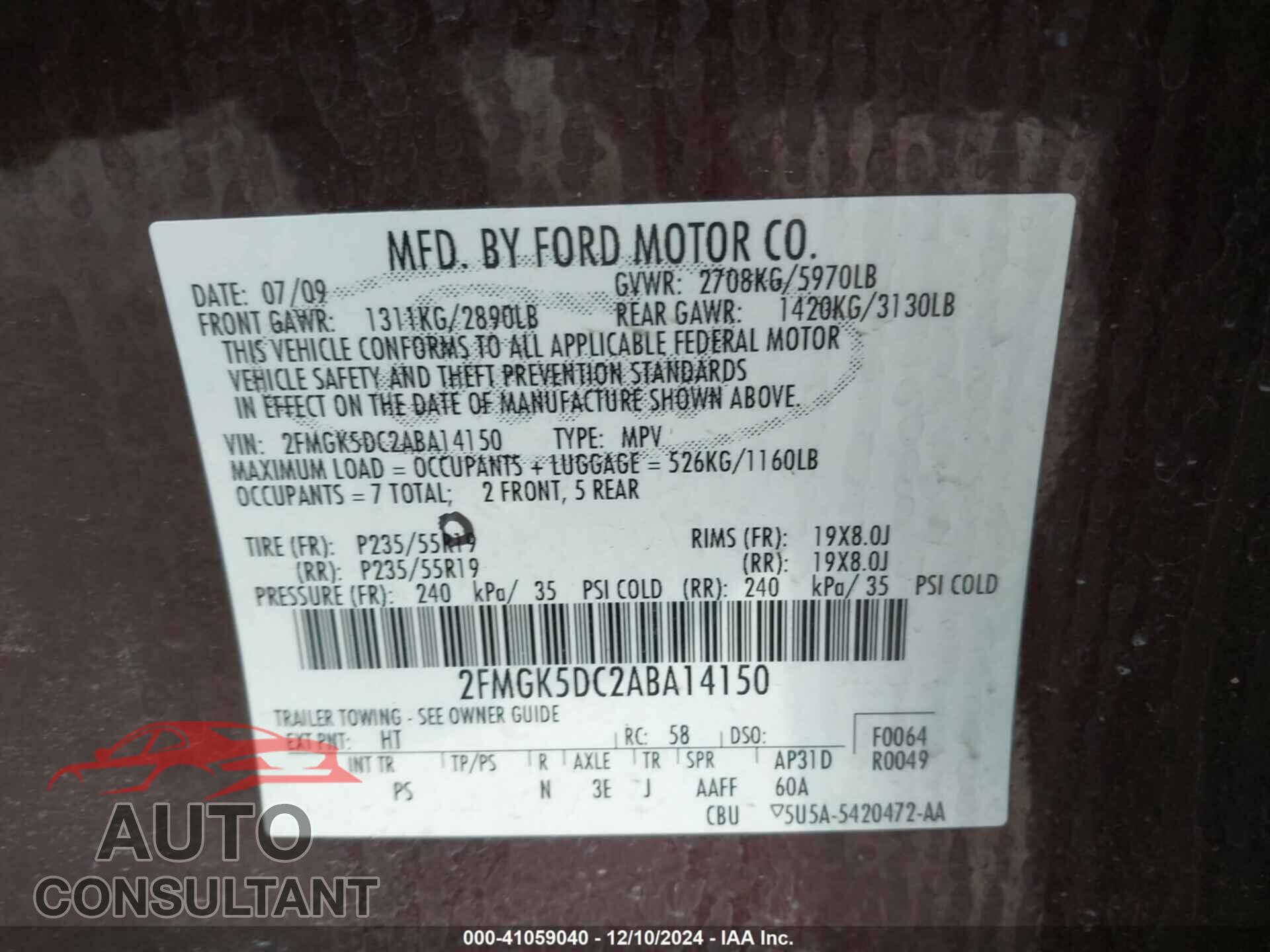 FORD FLEX 2010 - 2FMGK5DC2ABA14150