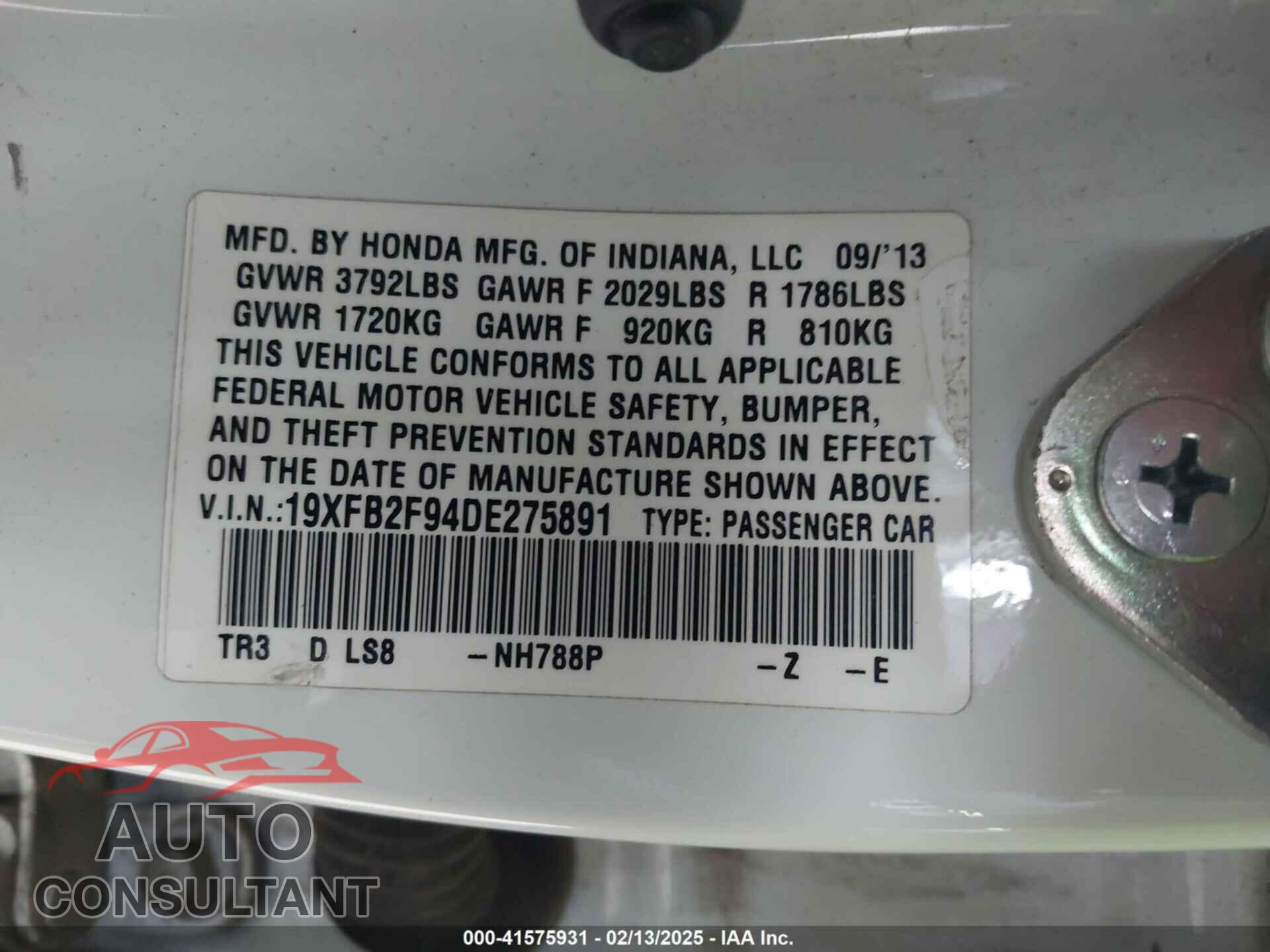 HONDA CIVIC 2013 - 19XFB2F94DE275891