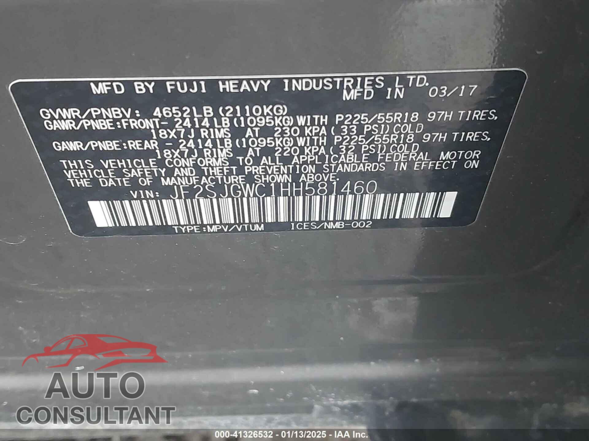 SUBARU FORESTER 2017 - JF2SJGWC1HH581460