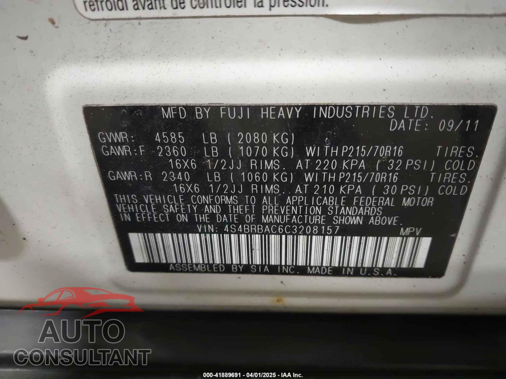 SUBARU OUTBACK 2012 - 4S4BRBAC6C3208157