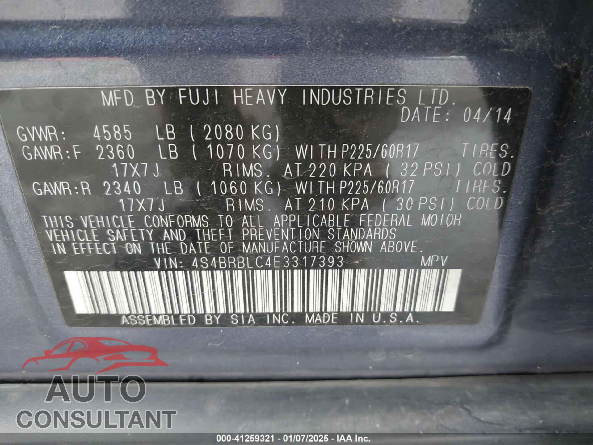 SUBARU OUTBACK 2014 - 4S4BRBLC4E3317393