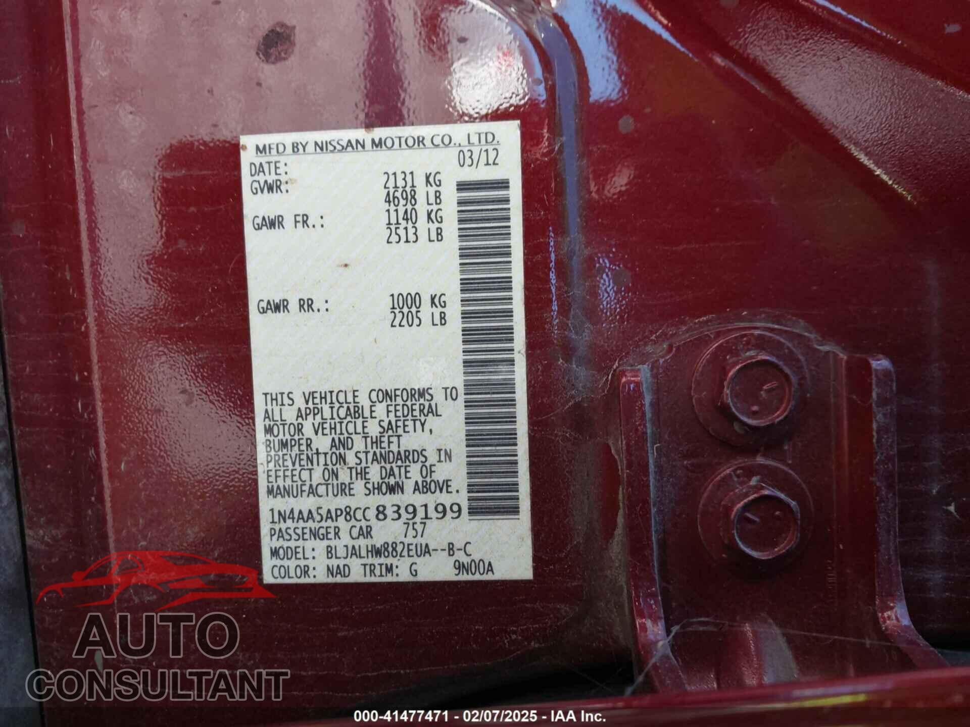 NISSAN MAXIMA 2012 - 1N4AA5AP8CC839199
