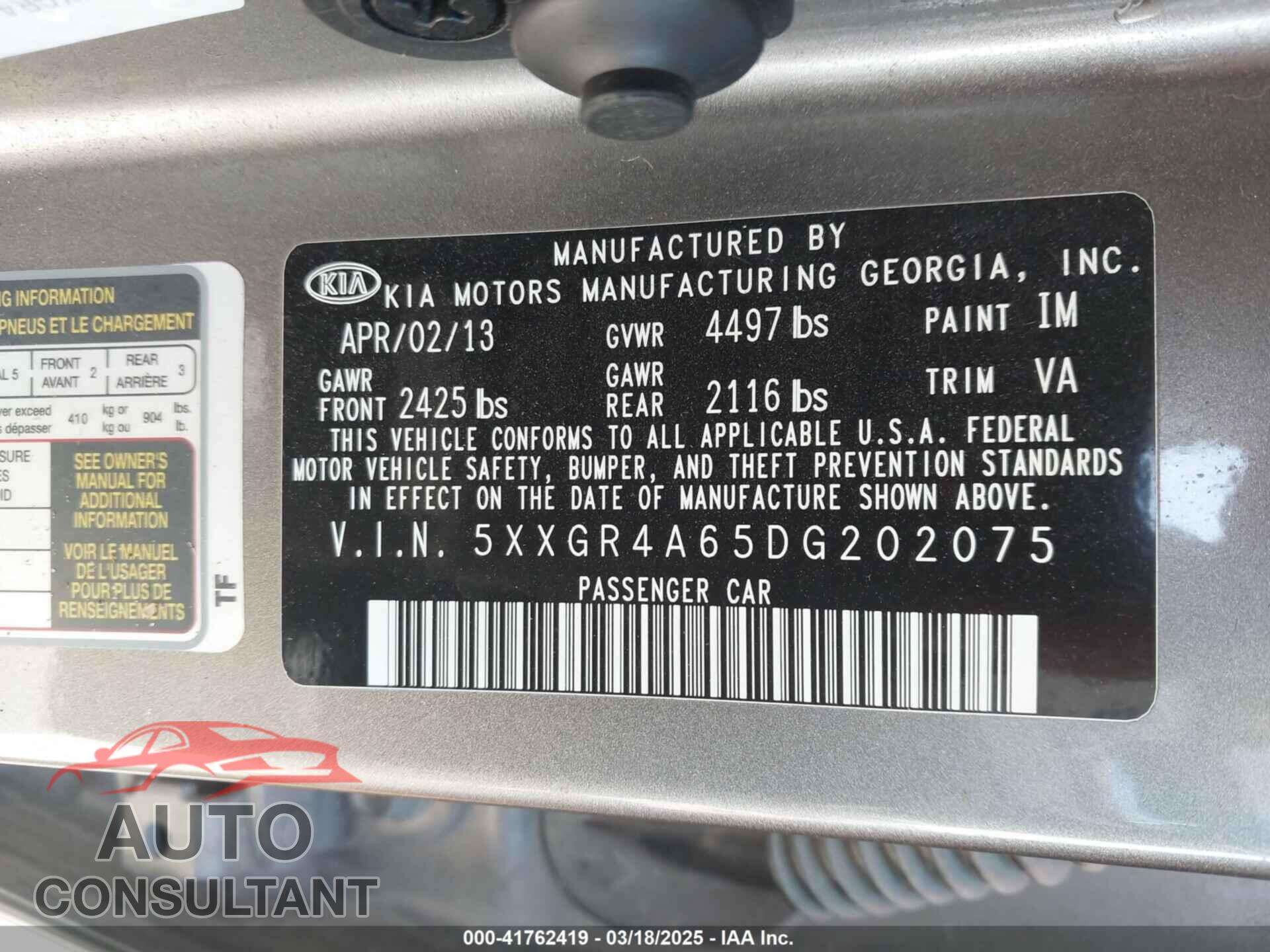 KIA OPTIMA 2013 - 5XXGR4A65DG202075