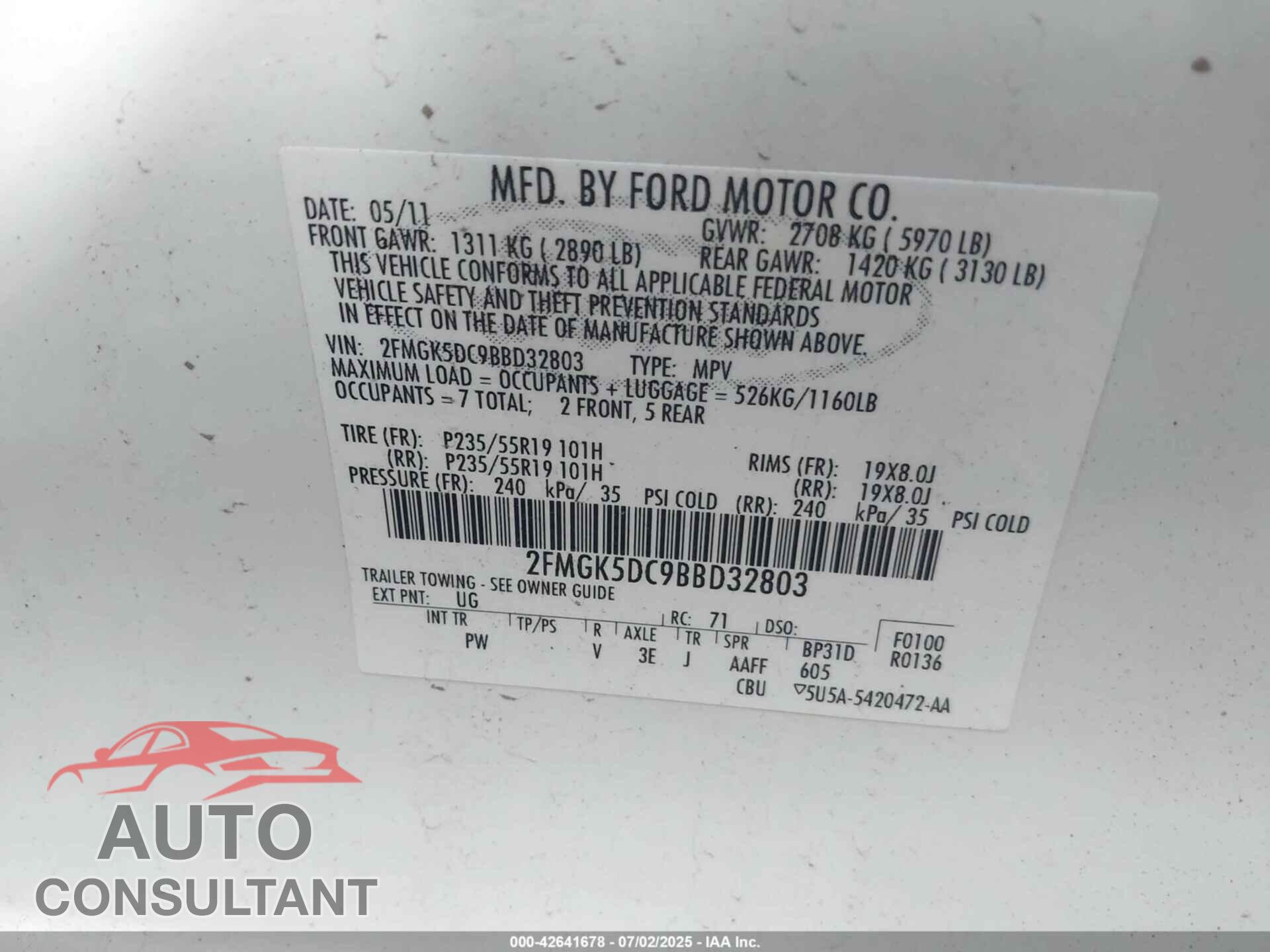FORD FLEX 2011 - 2FMGK5DC9BBD32803