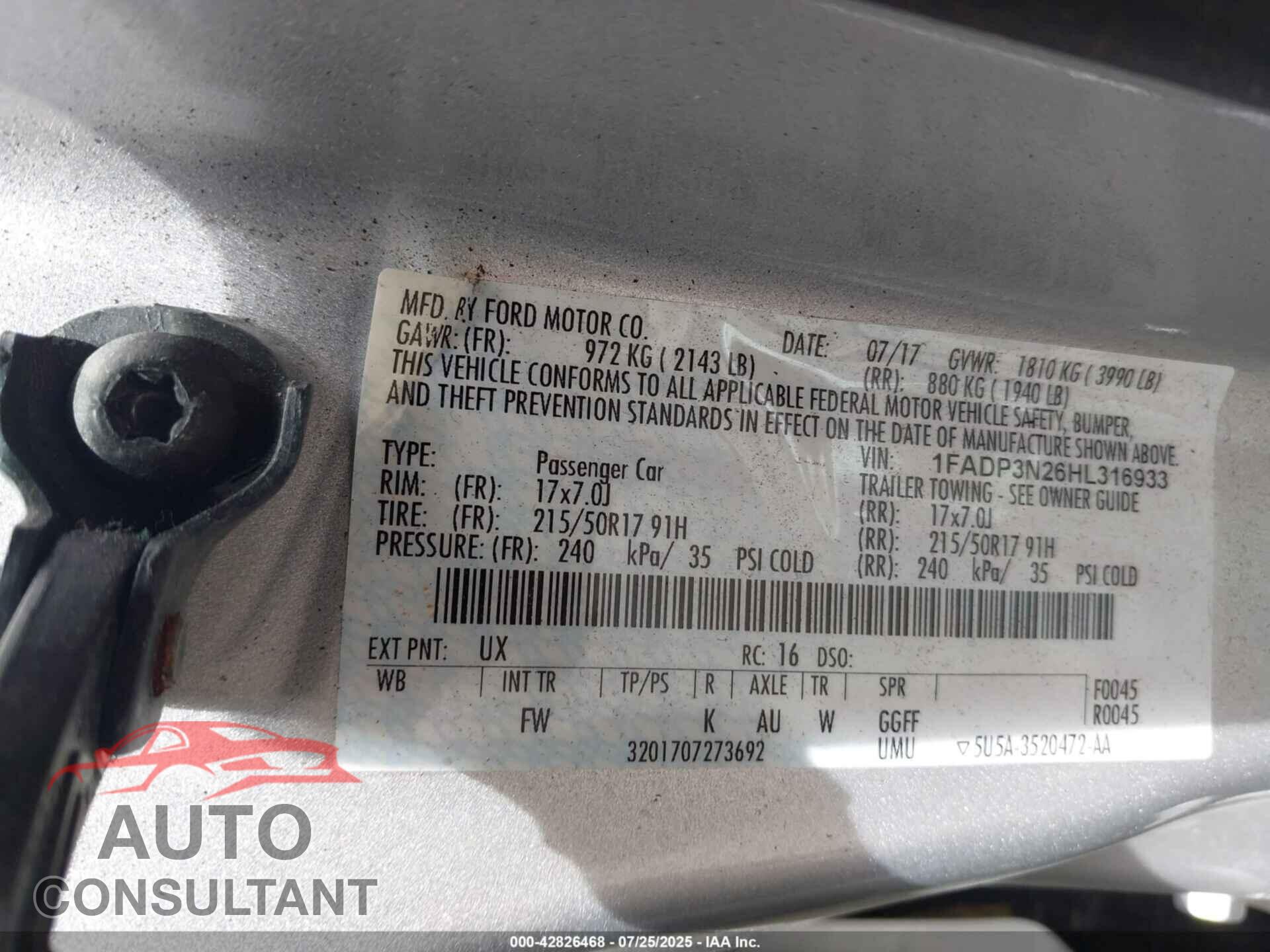 FORD FOCUS 2017 - 1FADP3N26HL316933