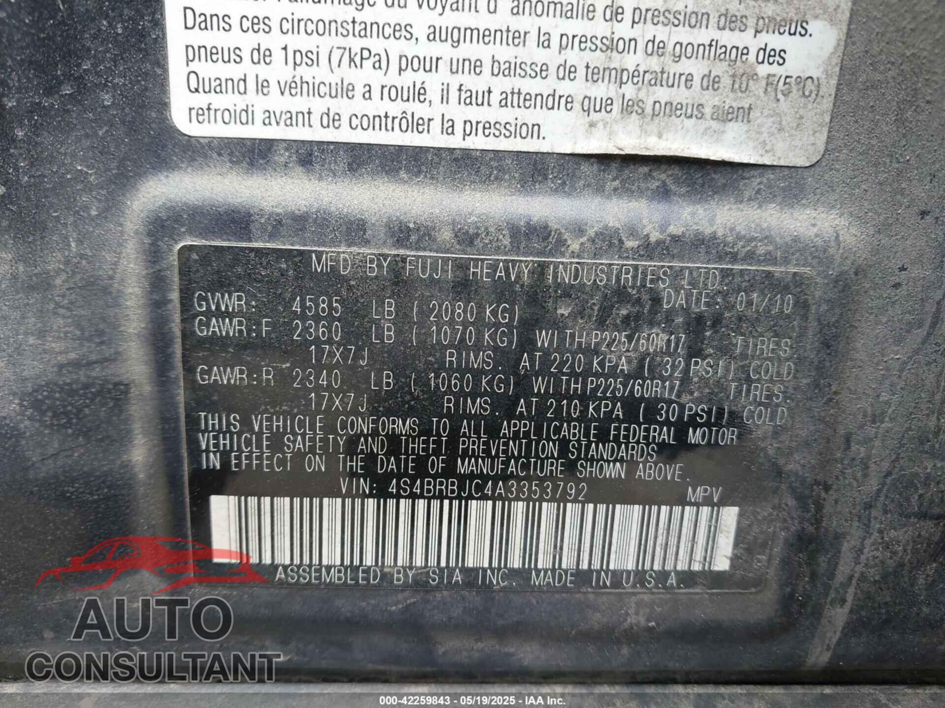 SUBARU OUTBACK 2010 - 4S4BRBJC4A3353792