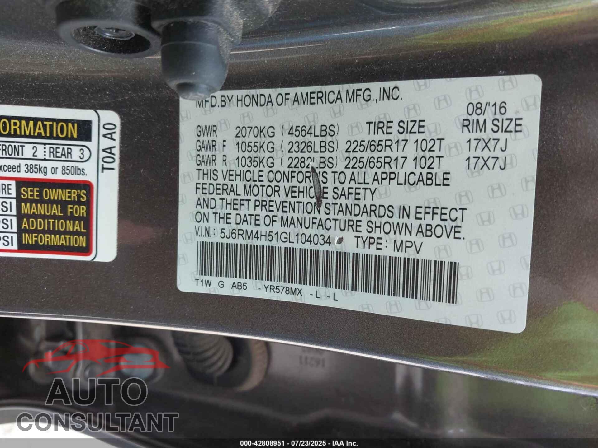 HONDA CR-V 2016 - 5J6RM4H51GL104034
