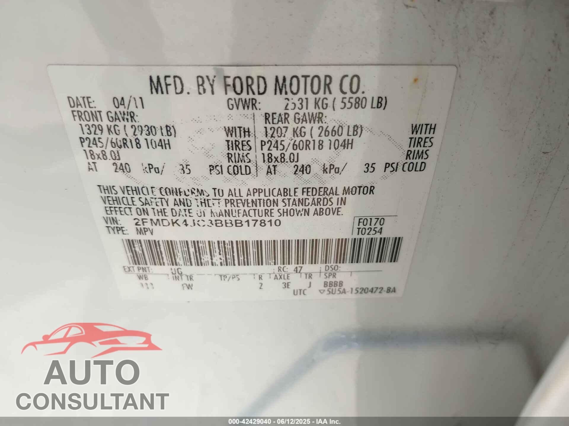 FORD EDGE 2011 - 2FMDK4JC3BBB17810