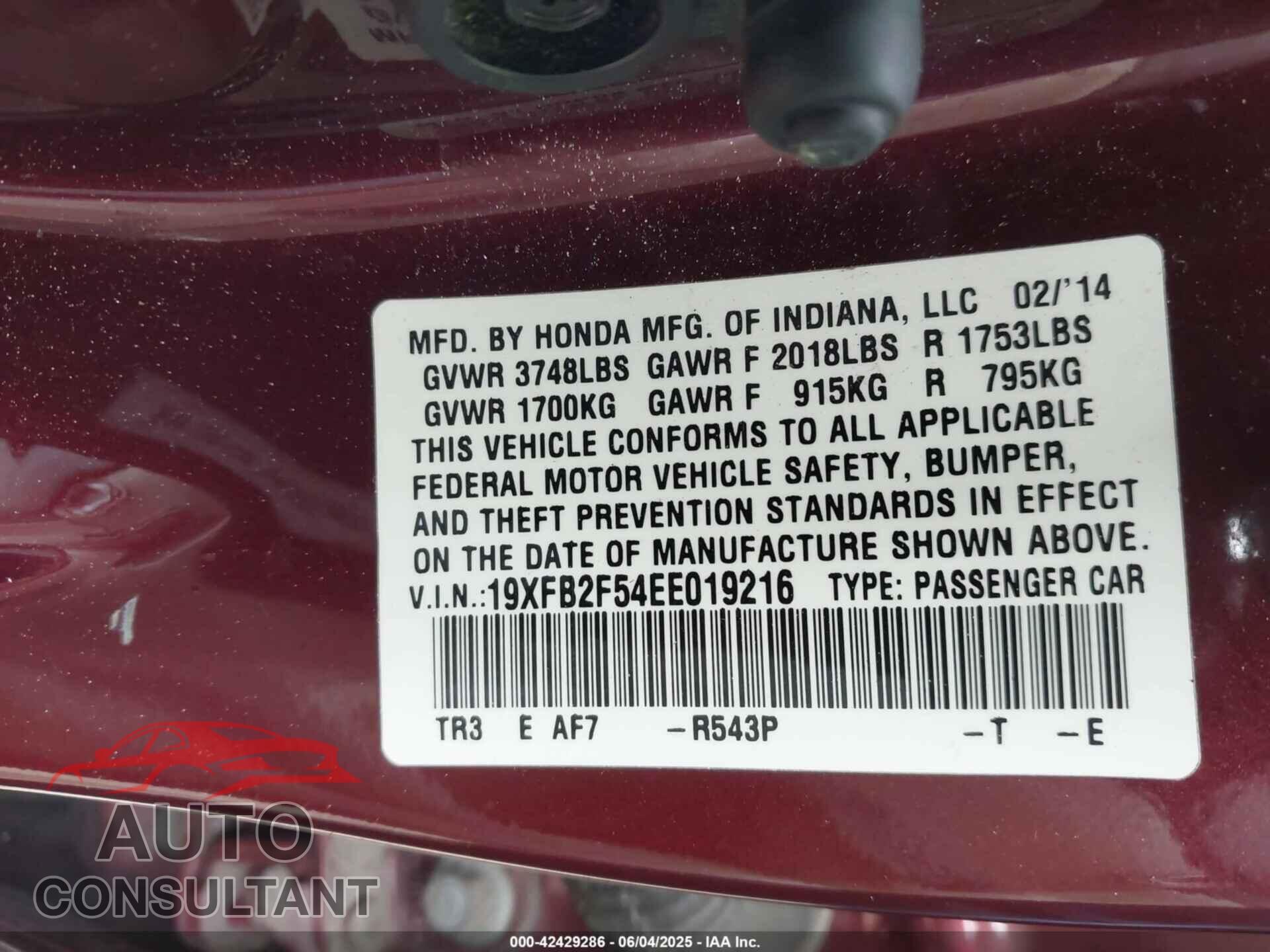 HONDA CIVIC 2014 - 19XFB2F54EE019216