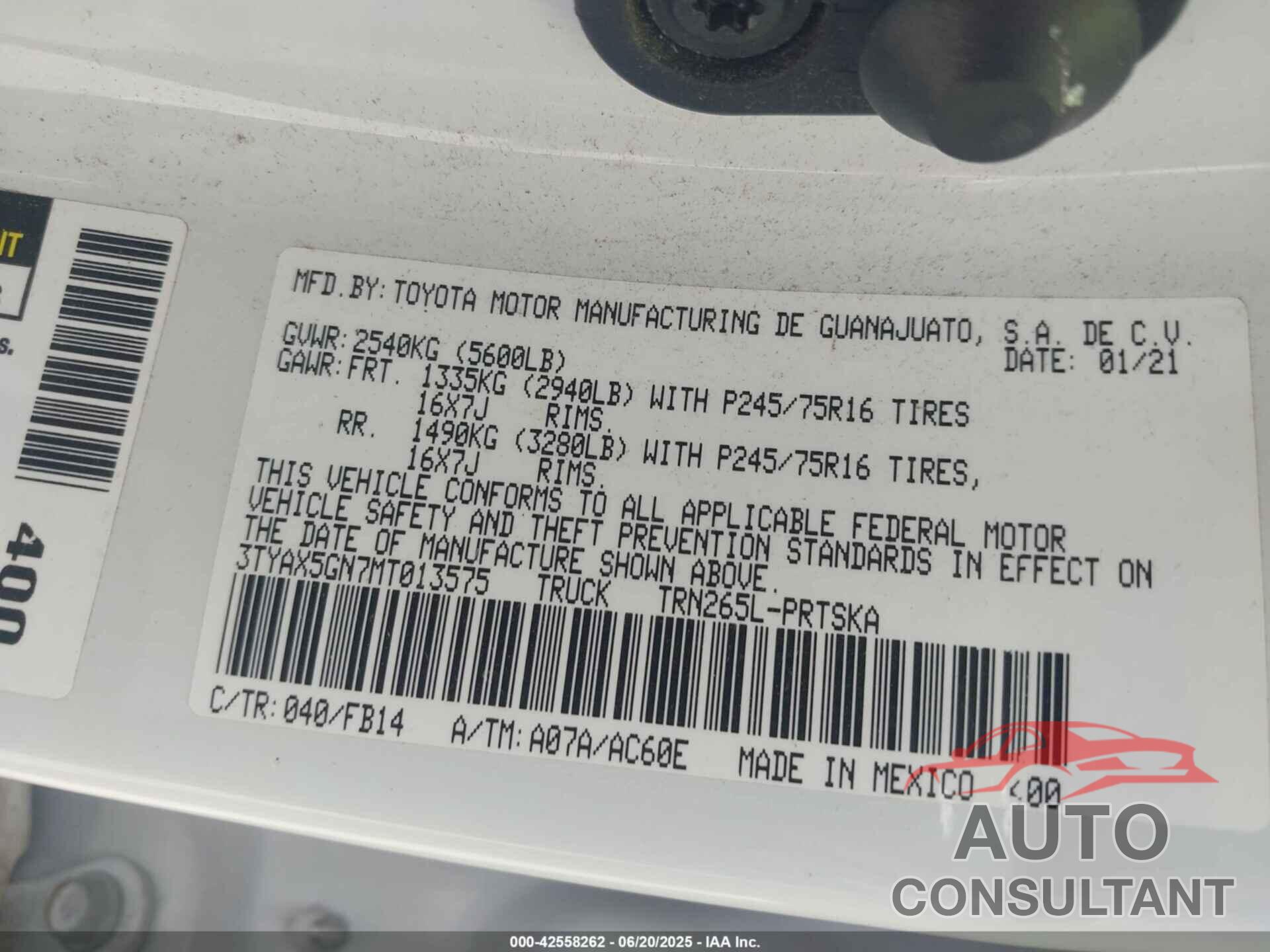 TOYOTA TACOMA 2021 - 3TYAX5GN7MT013575