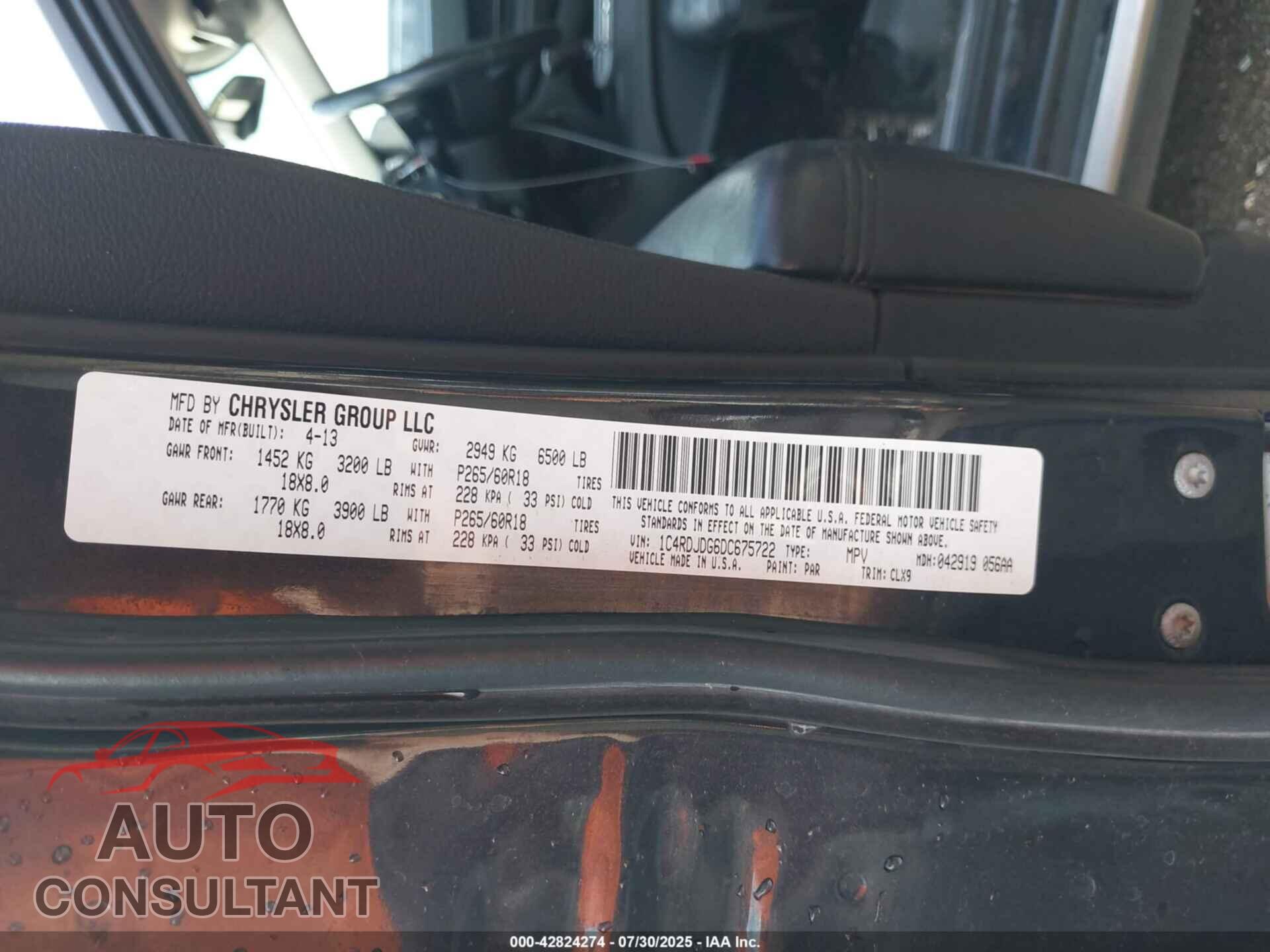 DODGE DURANGO 2013 - 1C4RDJDG6DC675722