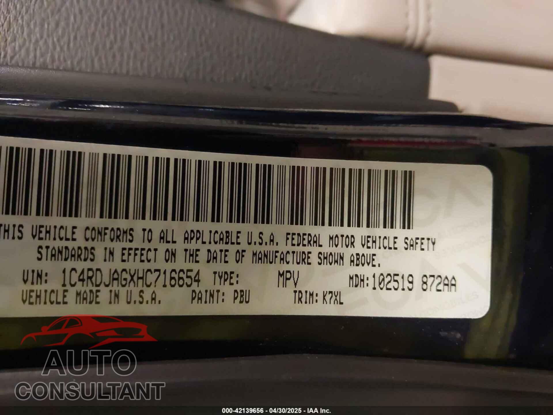 DODGE DURANGO 2017 - 1C4RDJAGXHC716654