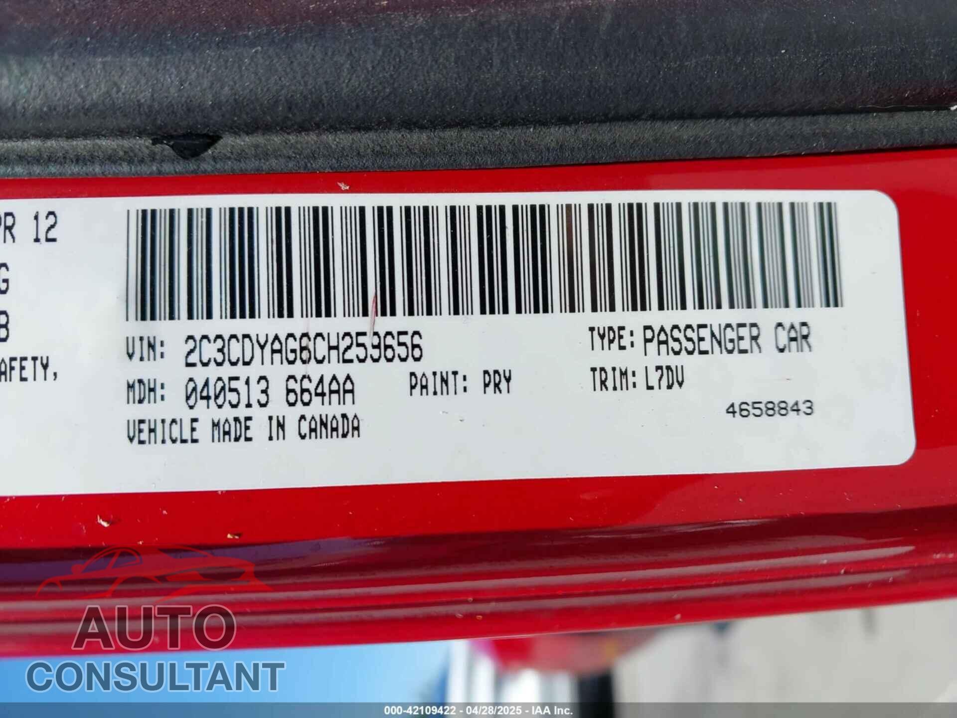 DODGE CHALLENGER 2012 - 2C3CDYAG6CH259656