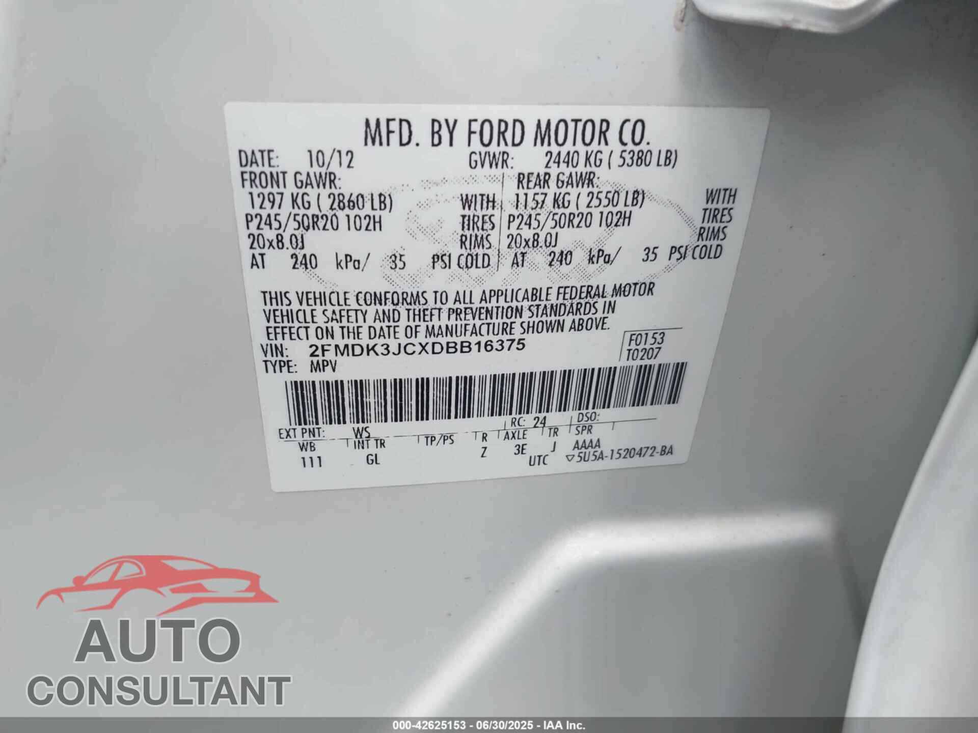 FORD EDGE 2013 - 2FMDK3JCXDBB16375