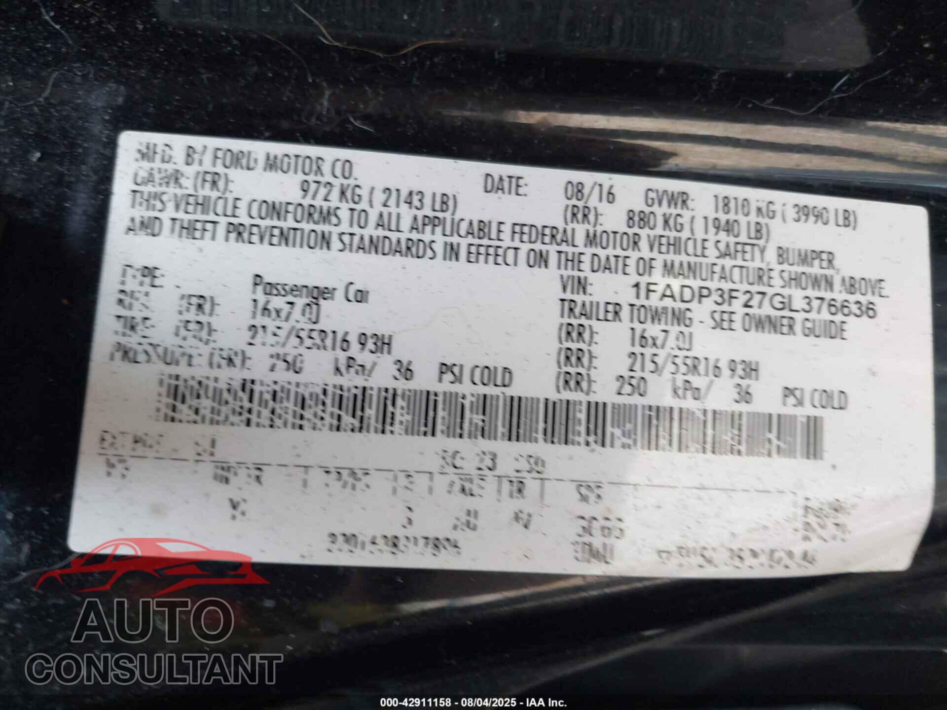 FORD FOCUS 2016 - 1FADP3F27GL376636