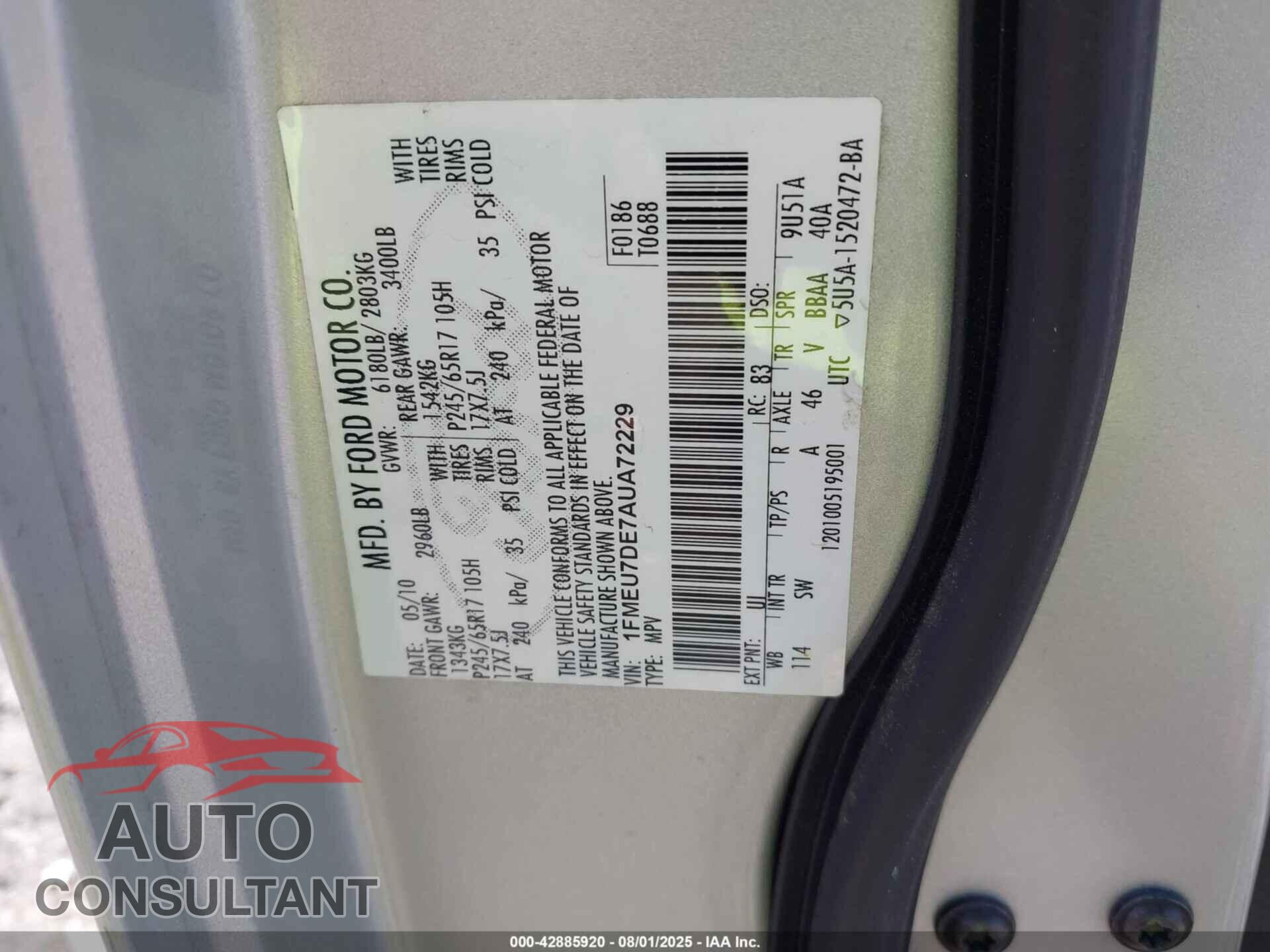 FORD EXPLORER 2010 - 1FMEU7DE7AUA72229