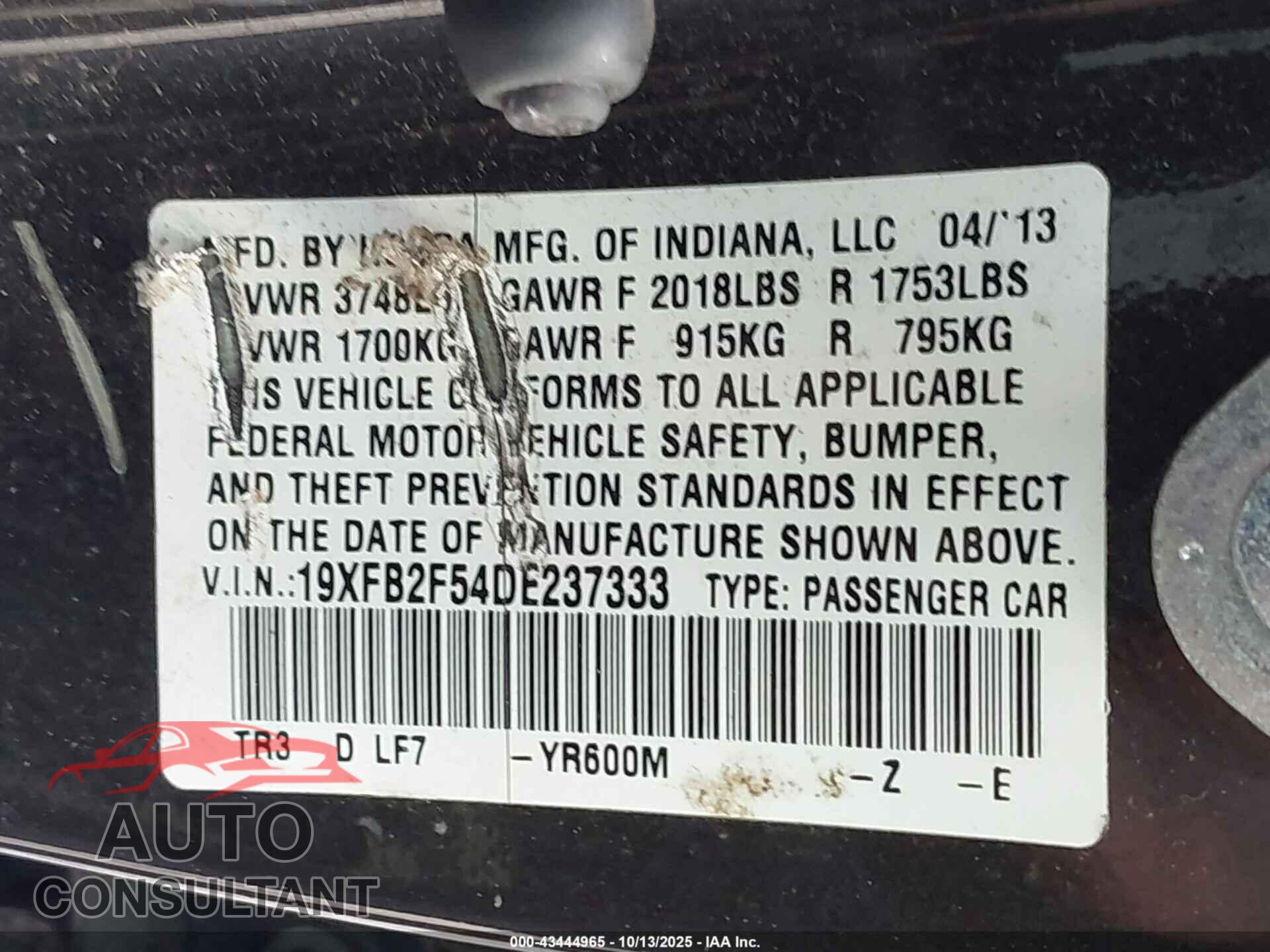 HONDA CIVIC 2013 - 19XFB2F54DE237333