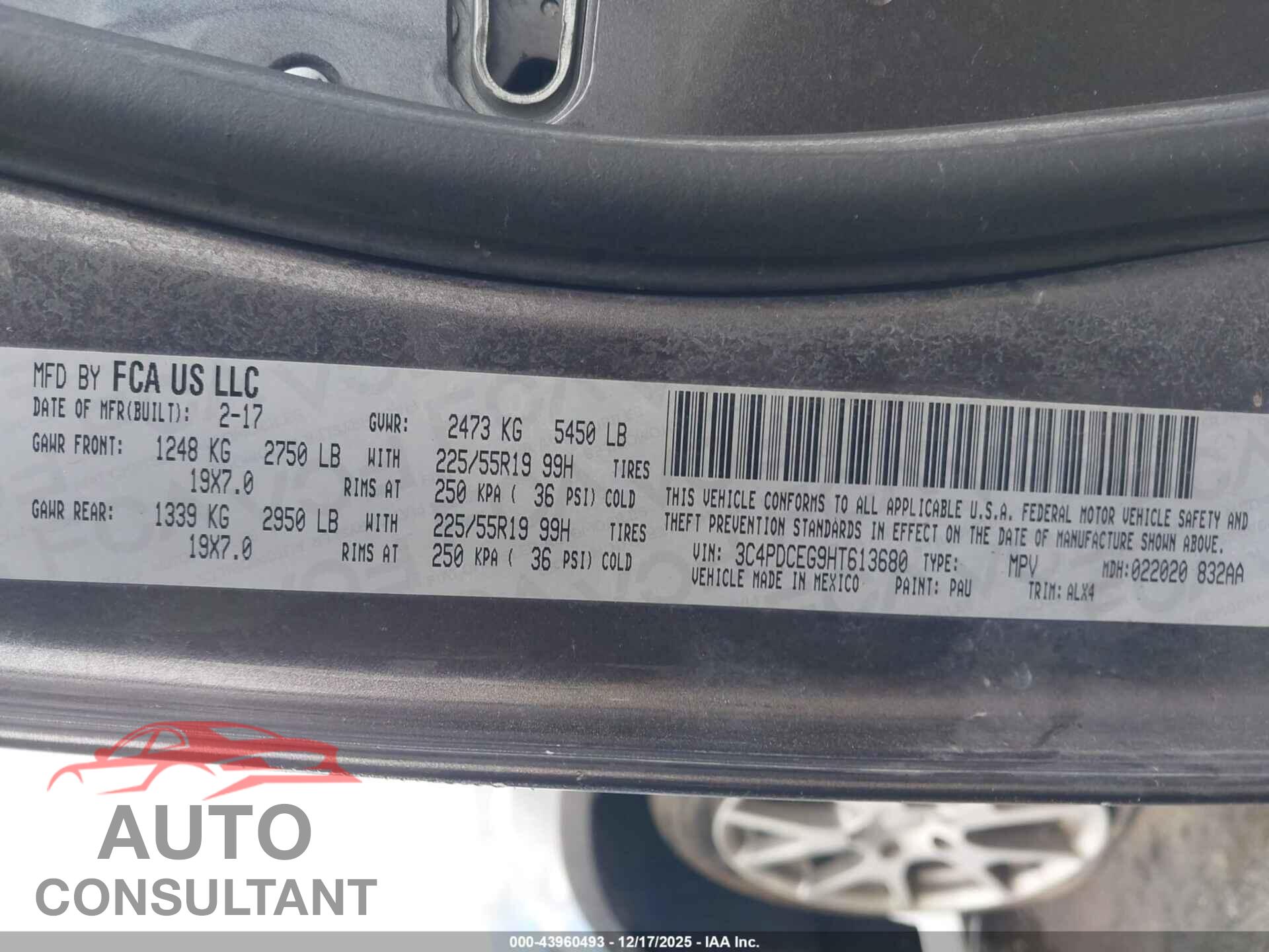 DODGE JOURNEY 2017 - 3C4PDCEG9HT613680