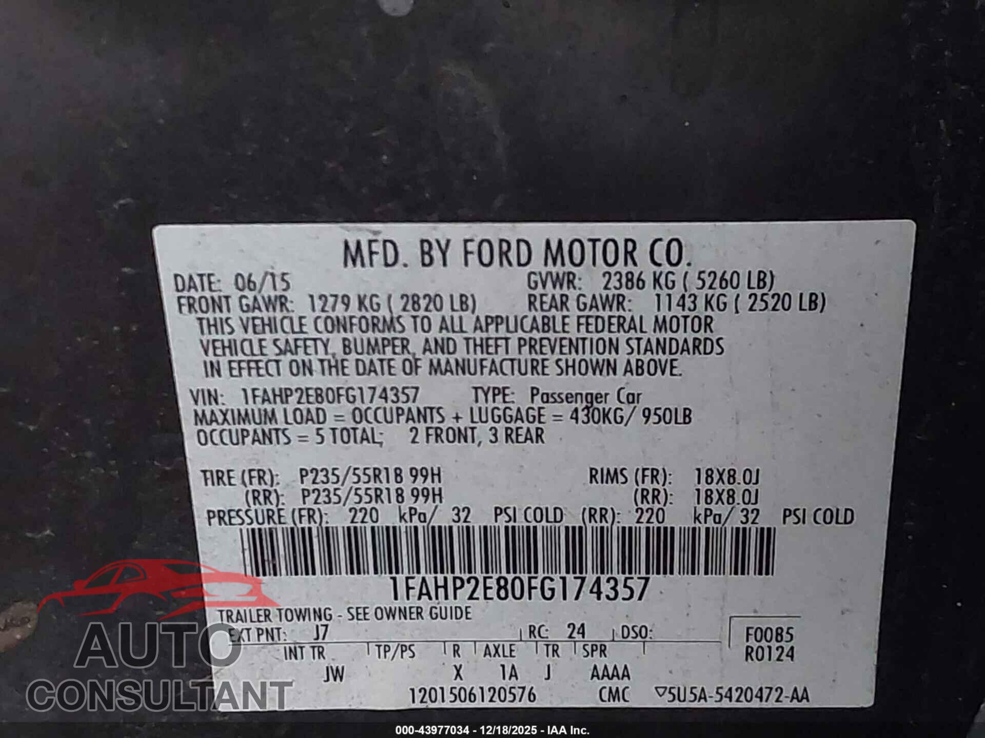 FORD TAURUS 2015 - 1FAHP2E80FG174357
