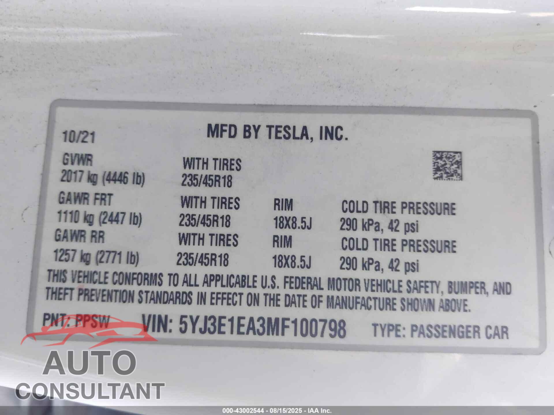 TESLA MODEL 3 2021 - 5YJ3E1EA3MF100798