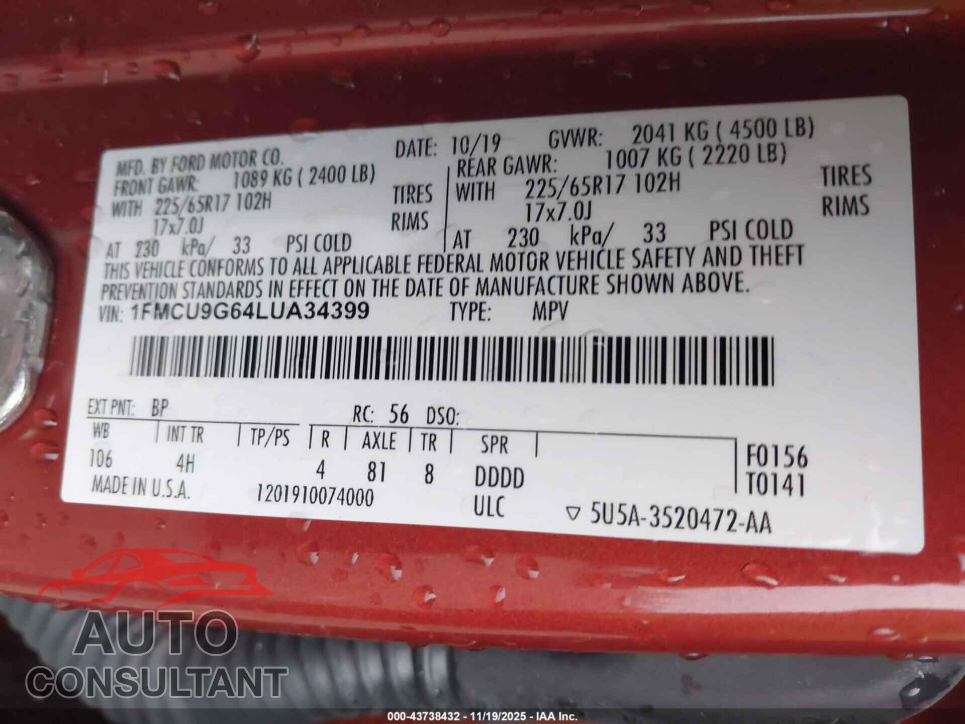 FORD ESCAPE 2020 - 1FMCU9G64LUA34399
