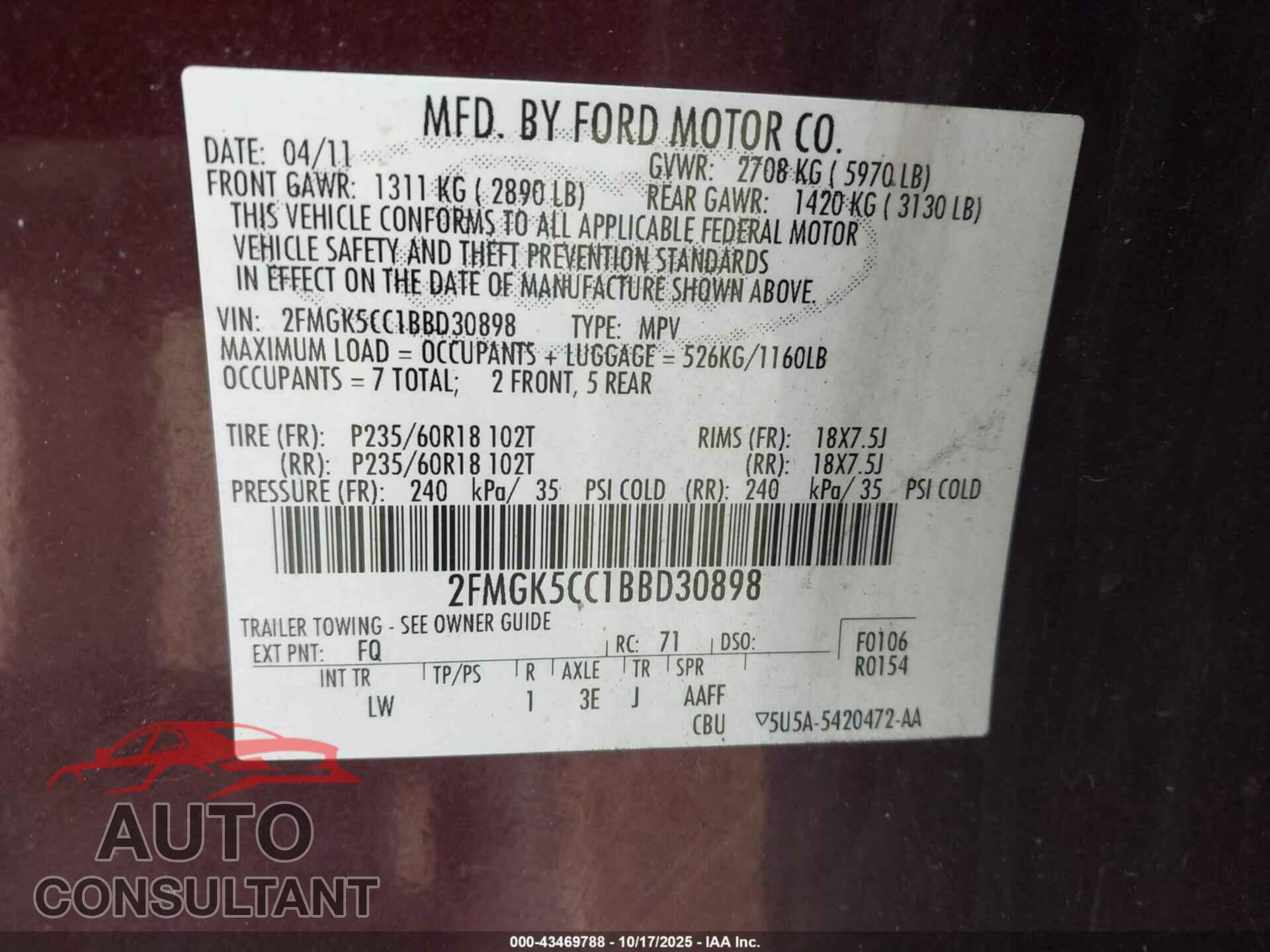 FORD FLEX 2011 - 2FMGK5CC1BBD30898