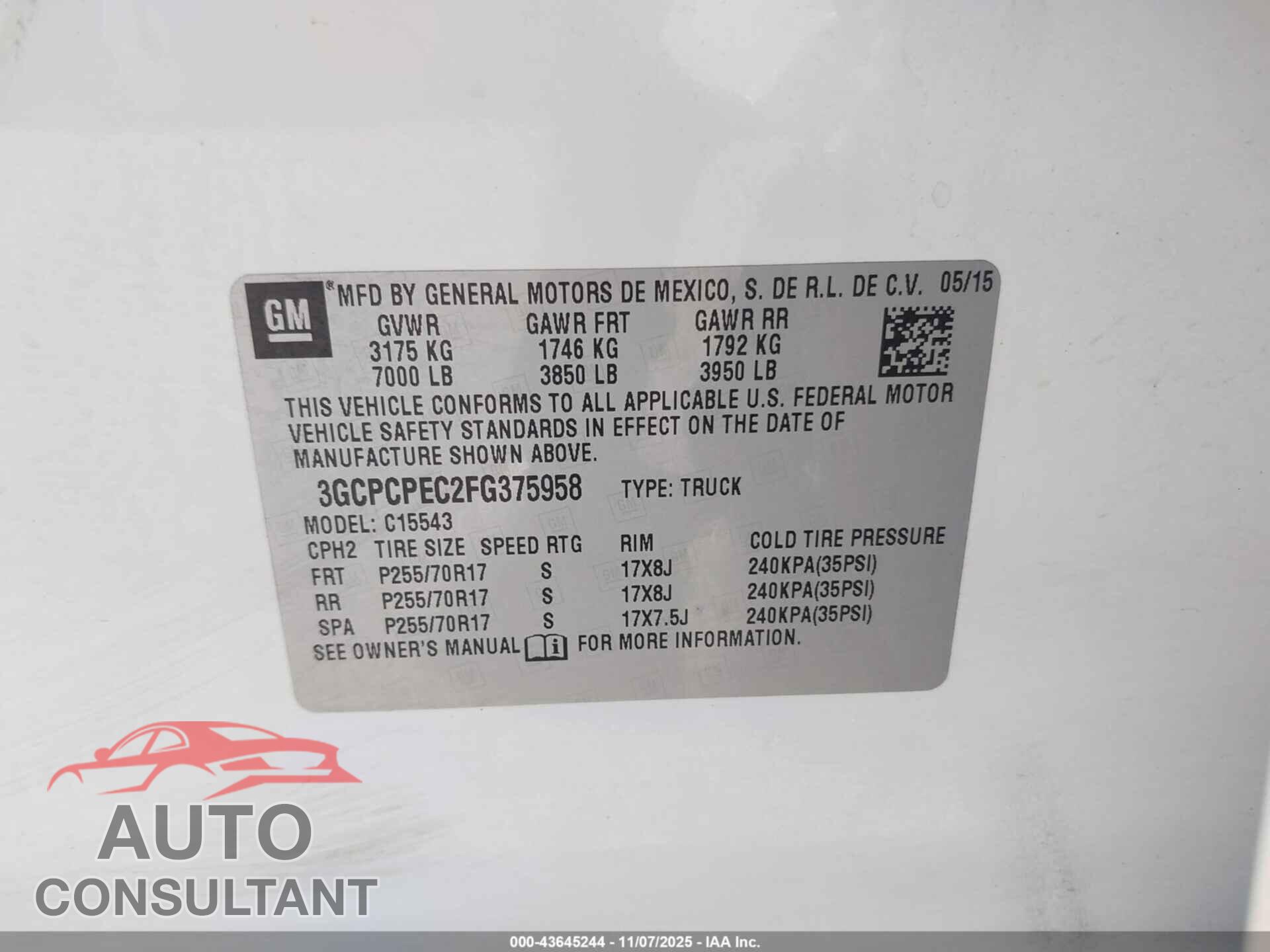 CHEVROLET SILVERADO 1500 2015 - 3GCPCPEC2FG375958