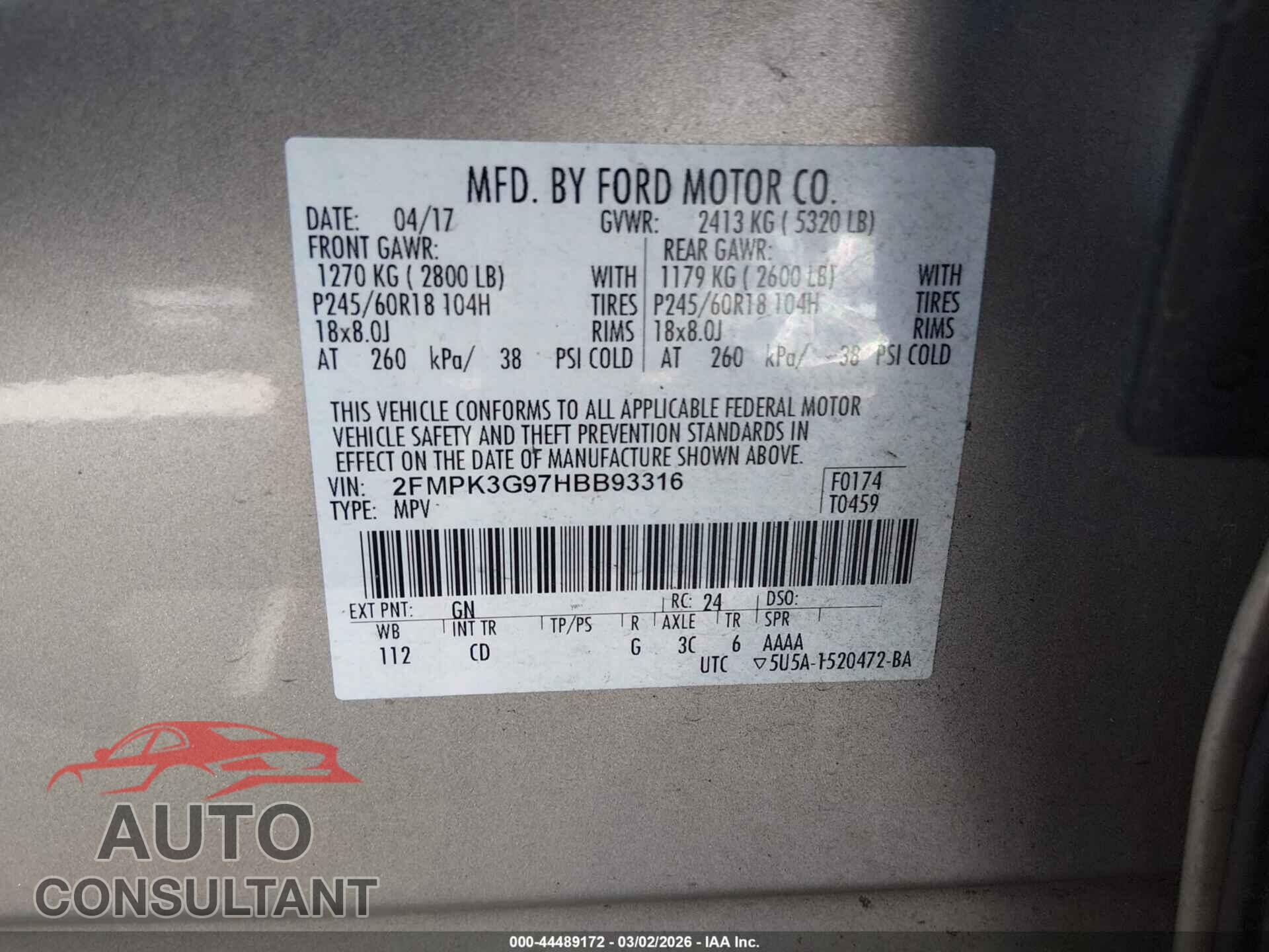 FORD EDGE 2017 - 2FMPK3G97HBB93316