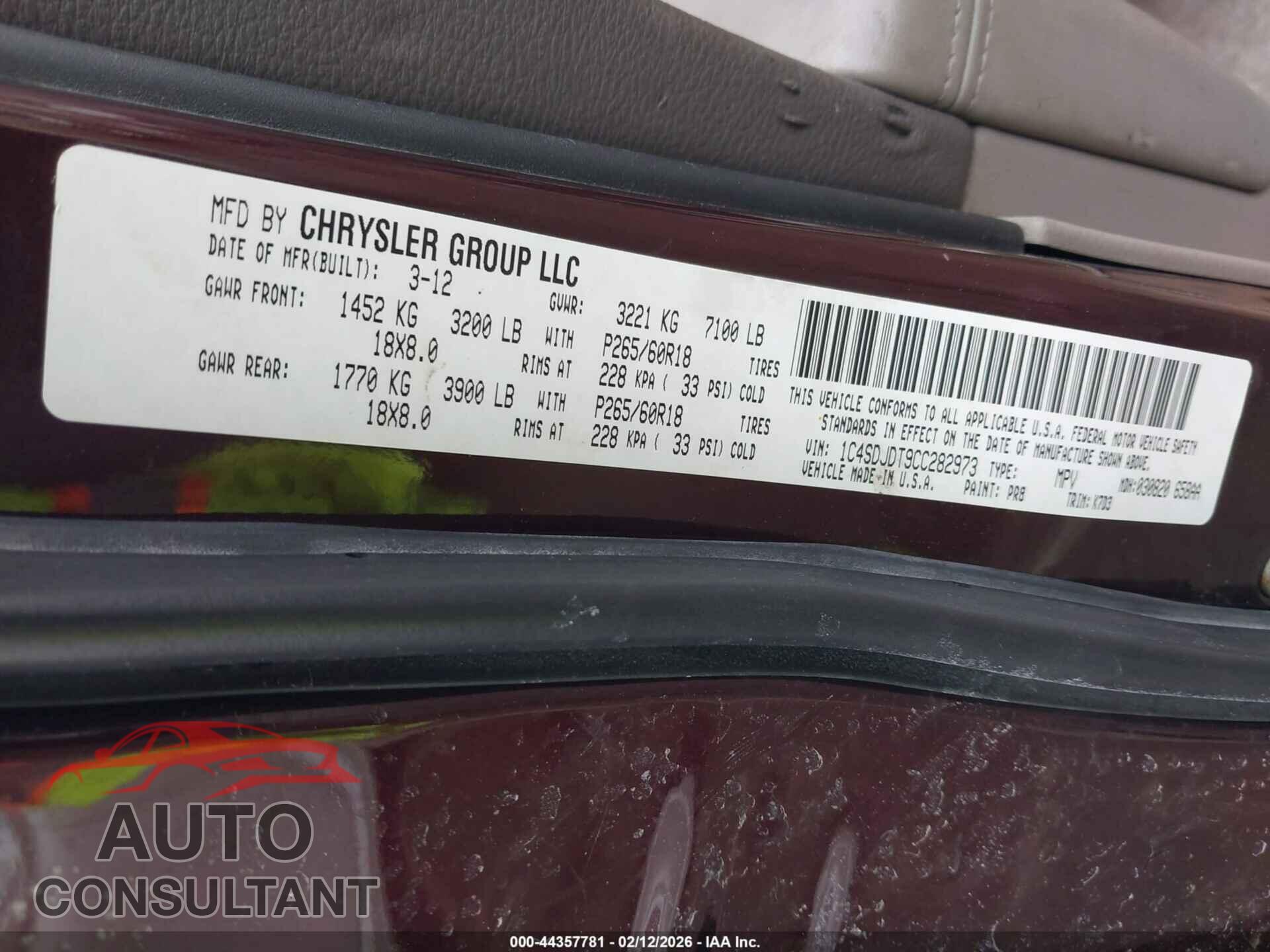 DODGE DURANGO 2012 - 1C4SDJDT9CC282973