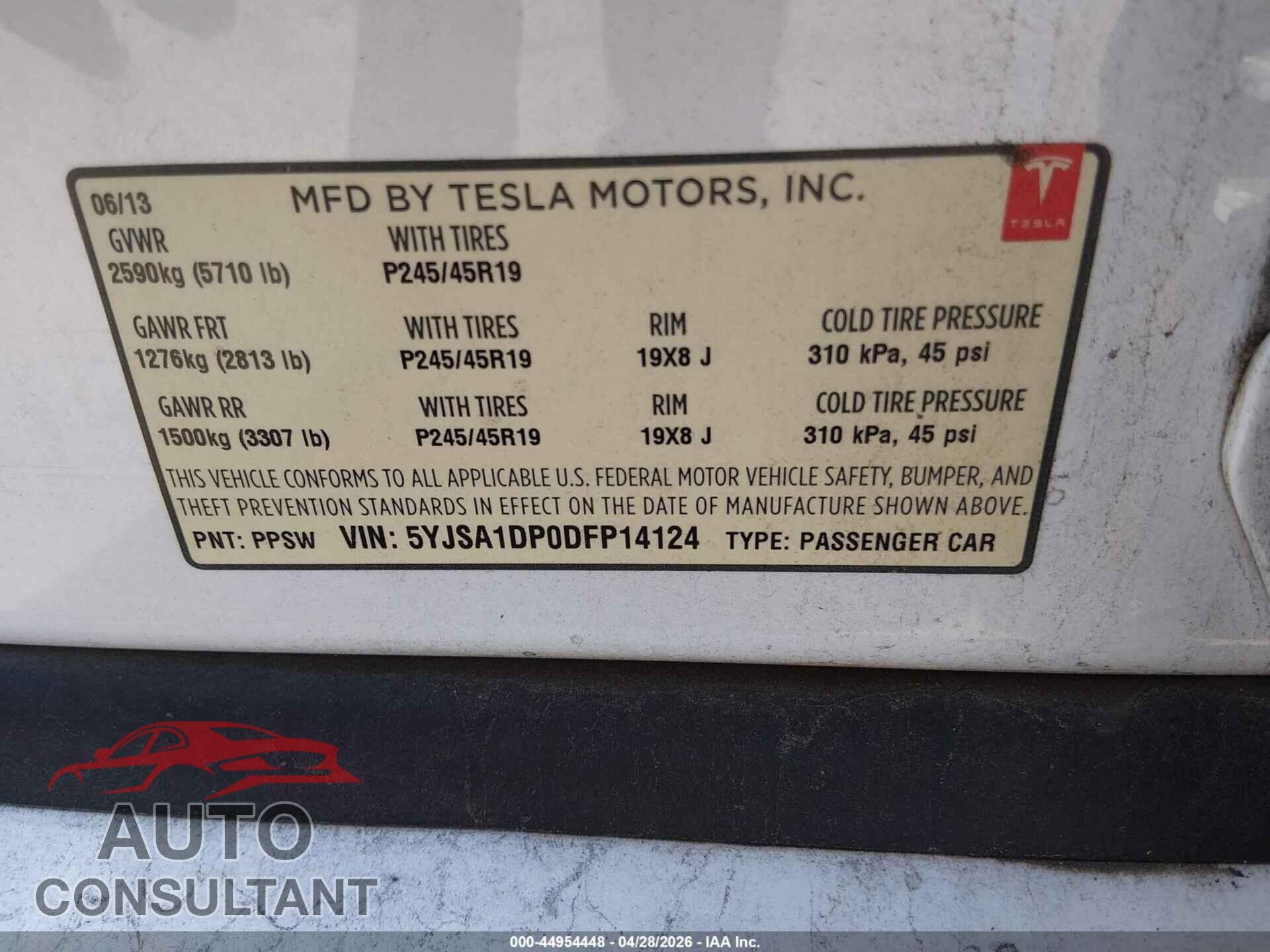 TESLA MODEL S 2013 - 5YJSA1DP0DFP14124