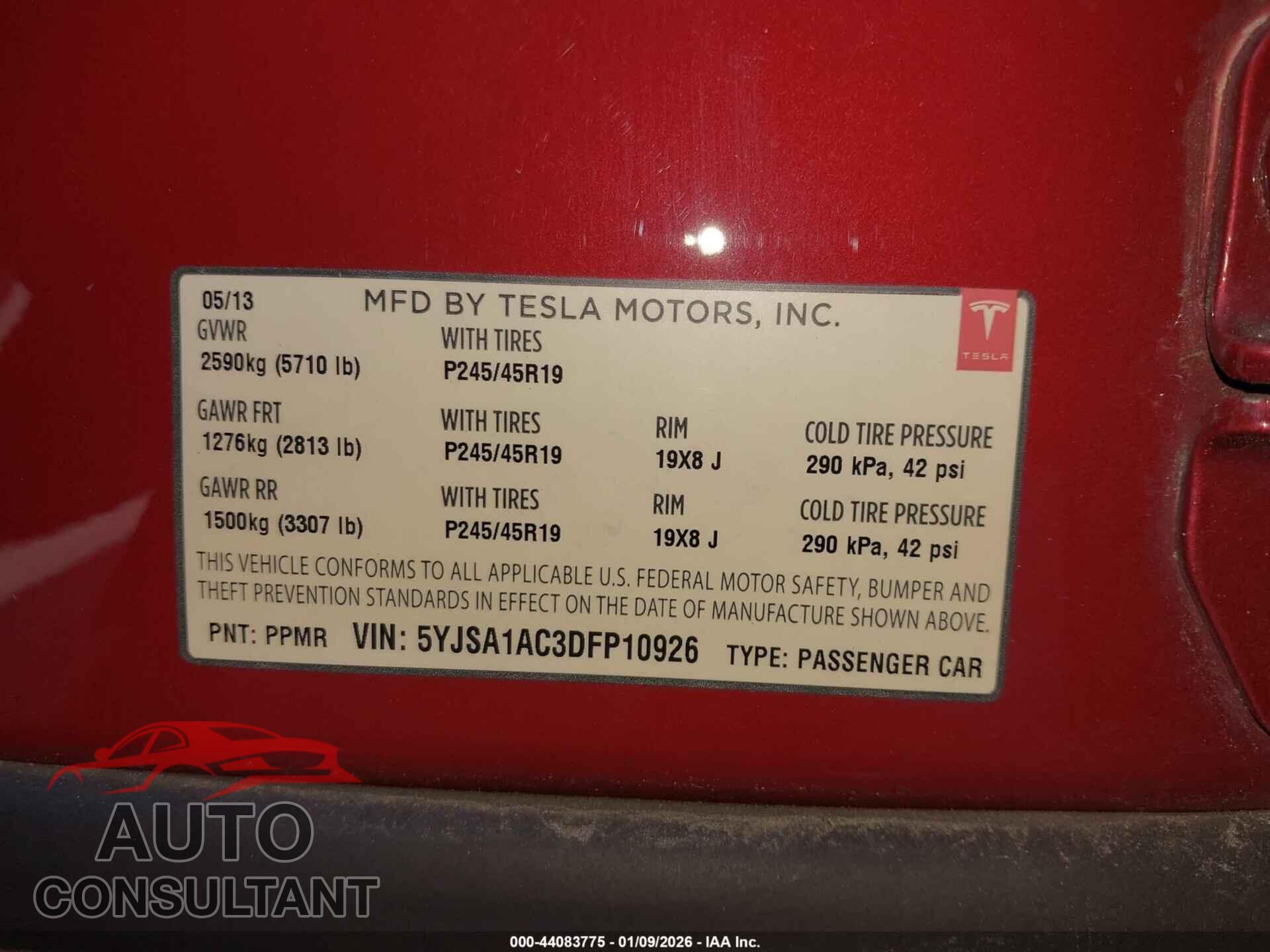 TESLA MODEL S 2013 - 5YJSA1AC3DFP10926