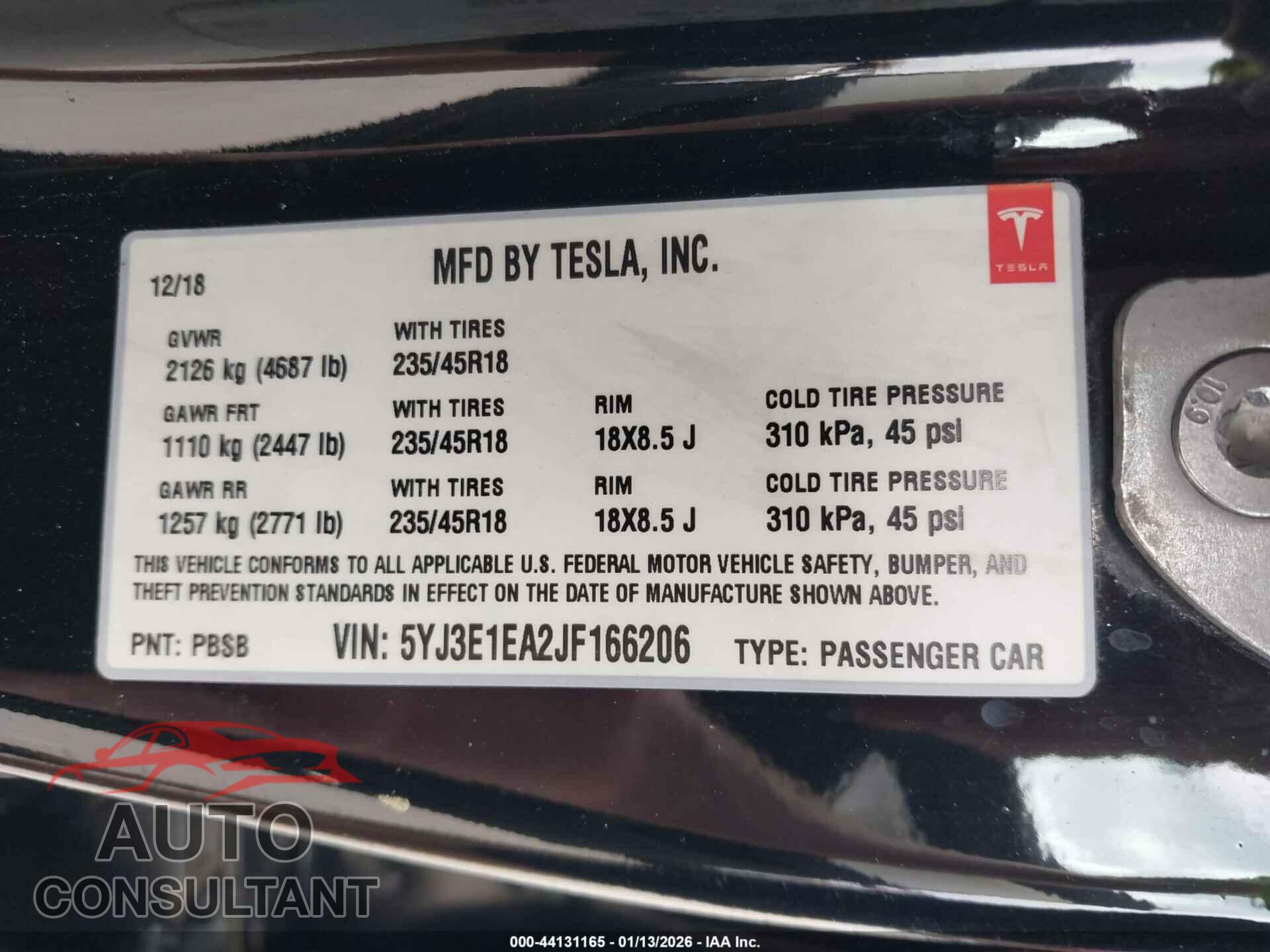 TESLA MODEL 3 2018 - 5YJ3E1EA2JF166206
