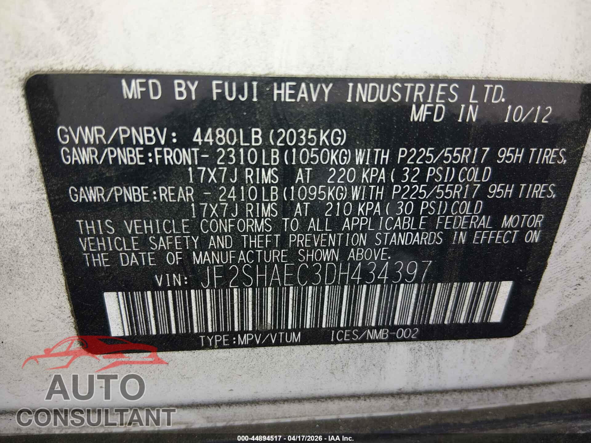 SUBARU FORESTER 2013 - JF2SHAEC3DH434397