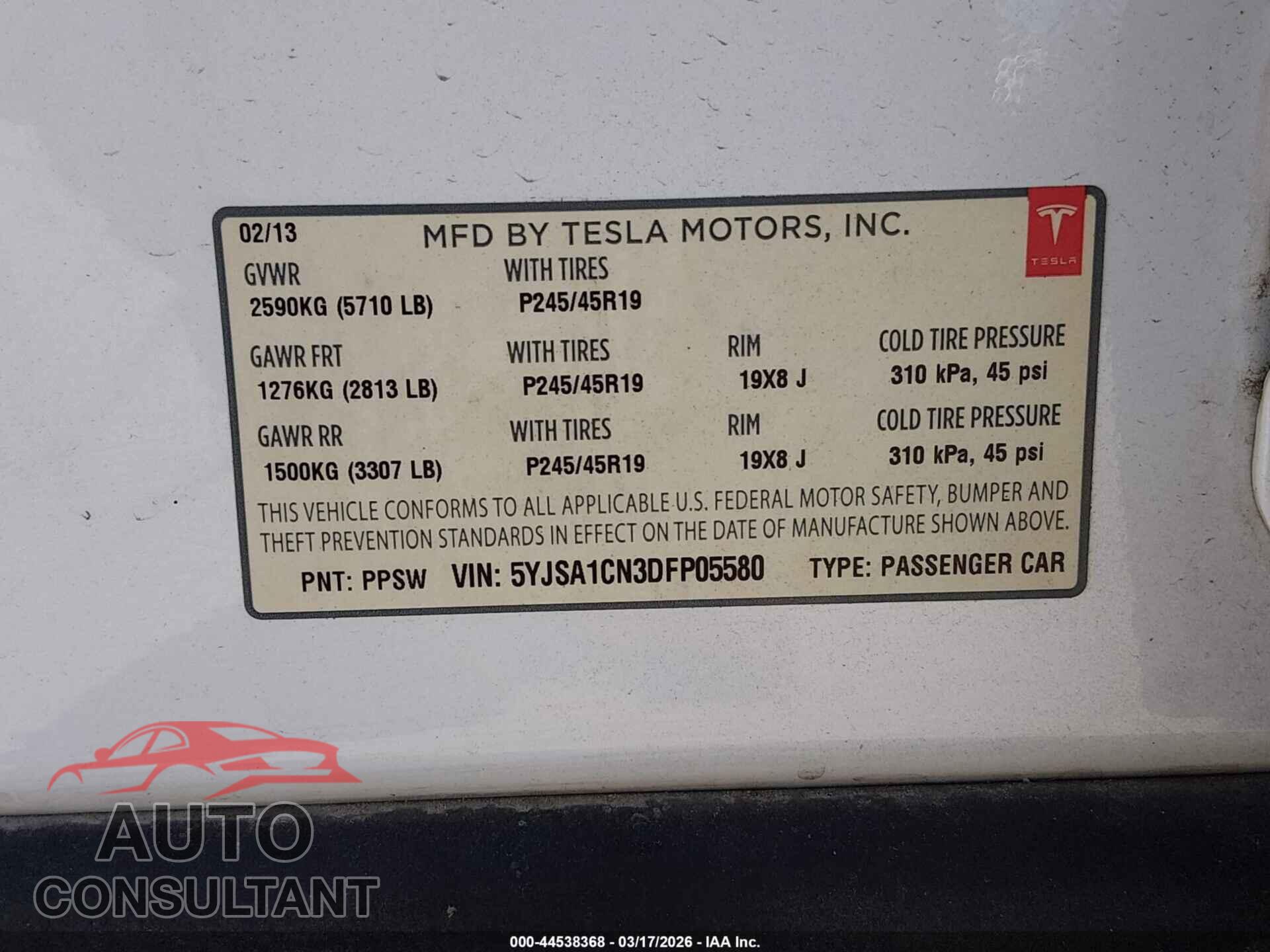 TESLA MODEL S 2013 - 5YJSA1CN3DFP05580