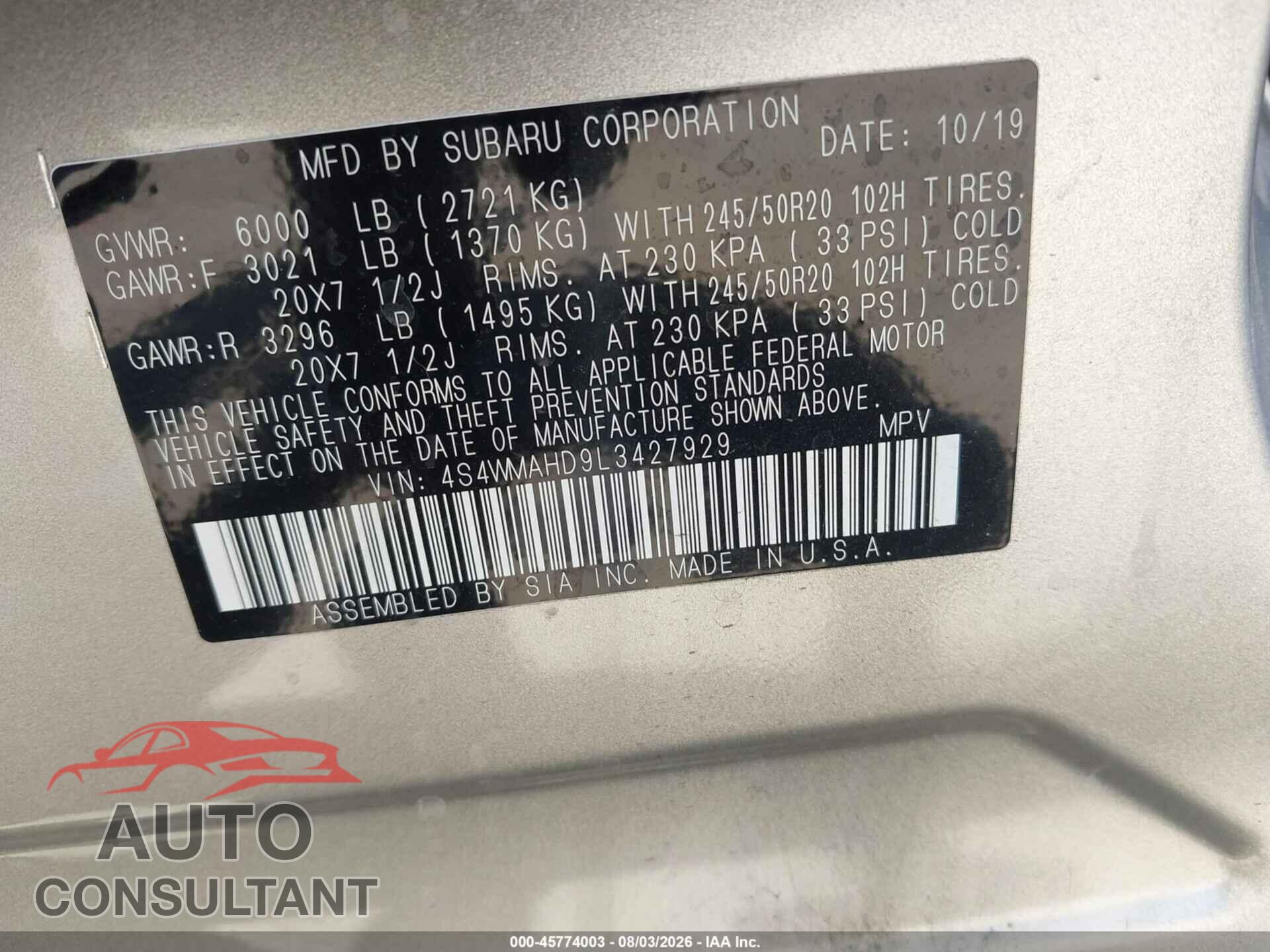 SUBARU ASCENT 2020 - 4S4WMAHD9L3427929