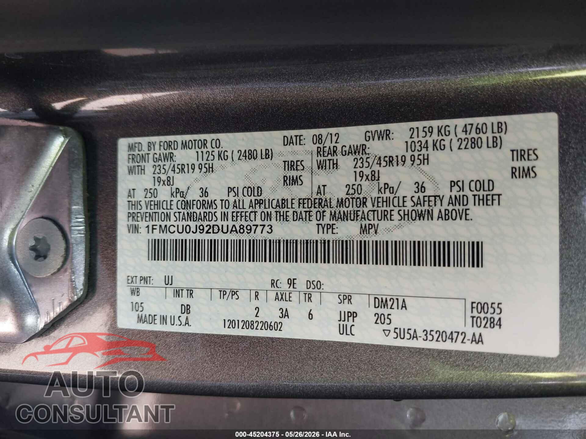 FORD ESCAPE 2013 - 1FMCU0J92DUA89773