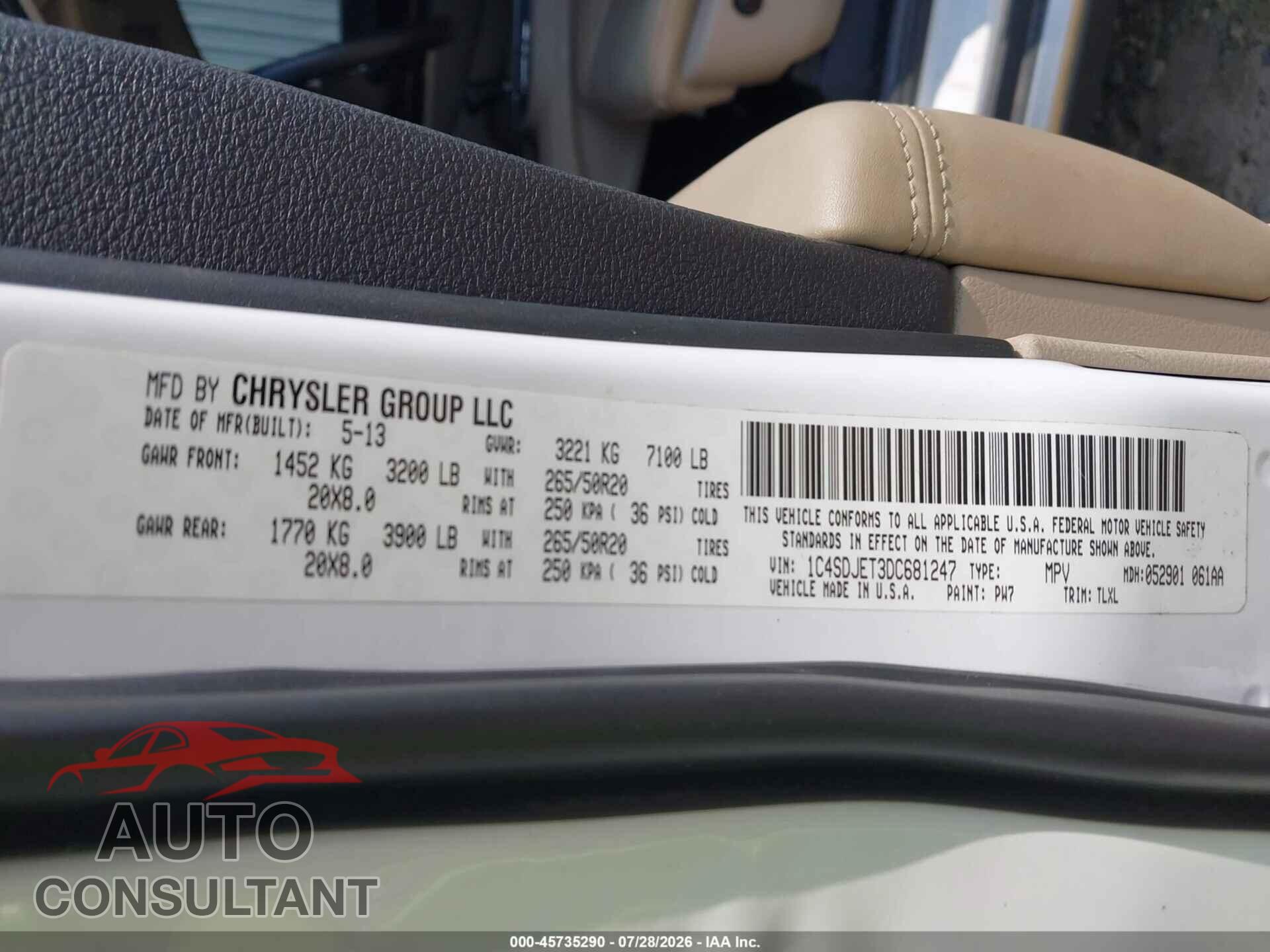 DODGE DURANGO 2013 - 1C4SDJET3DC681247