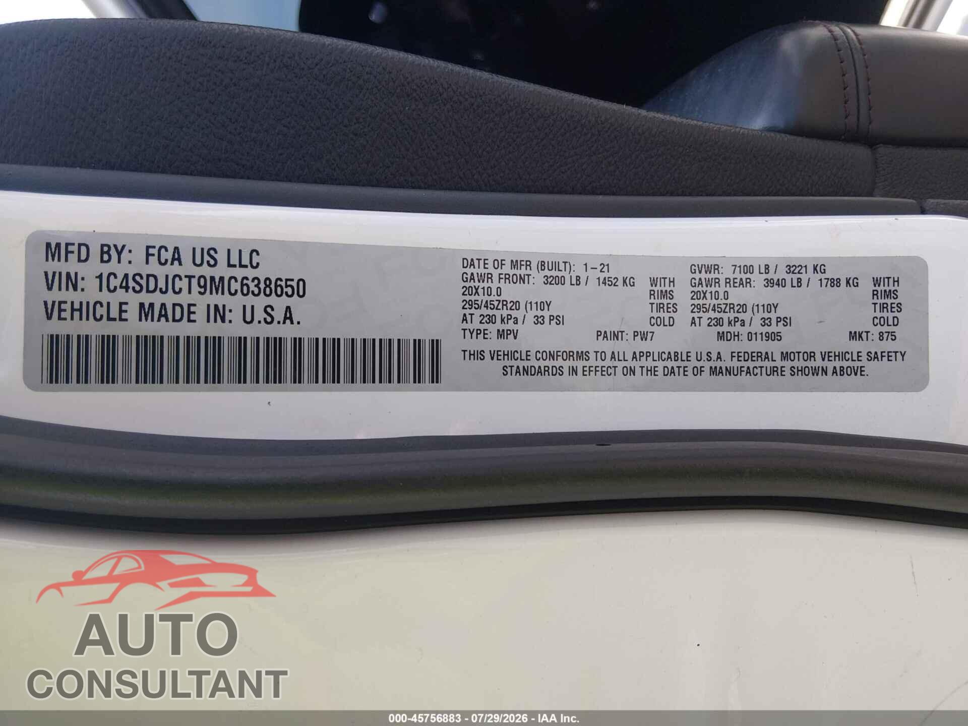 DODGE DURANGO 2021 - 1C4SDJCT9MC638650