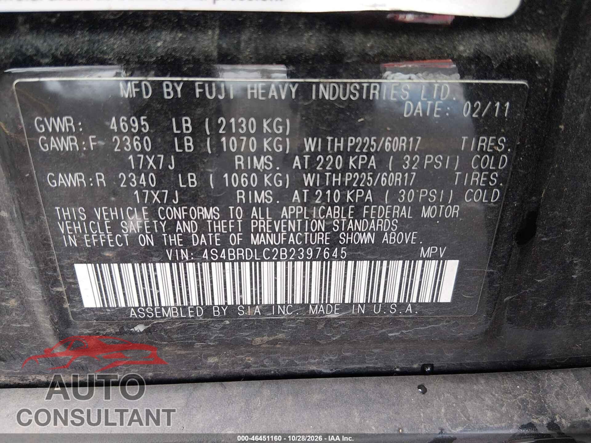 SUBARU OUTBACK 2011 - 4S4BRDLC2B2397645