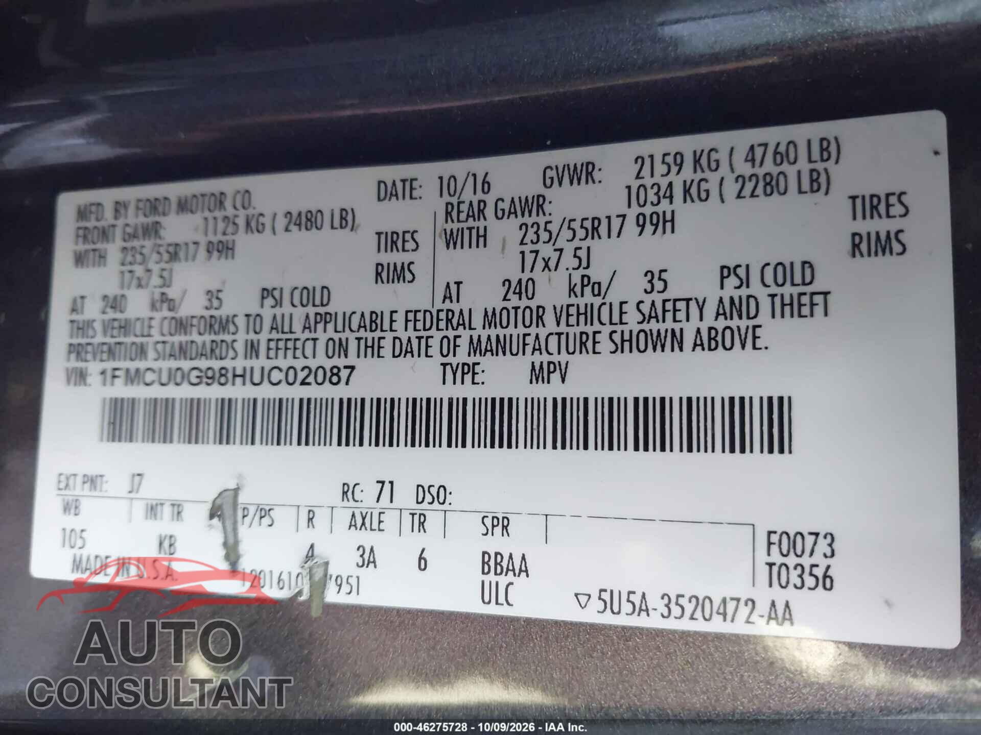 FORD ESCAPE 2017 - 1FMCU0G98HUC02087