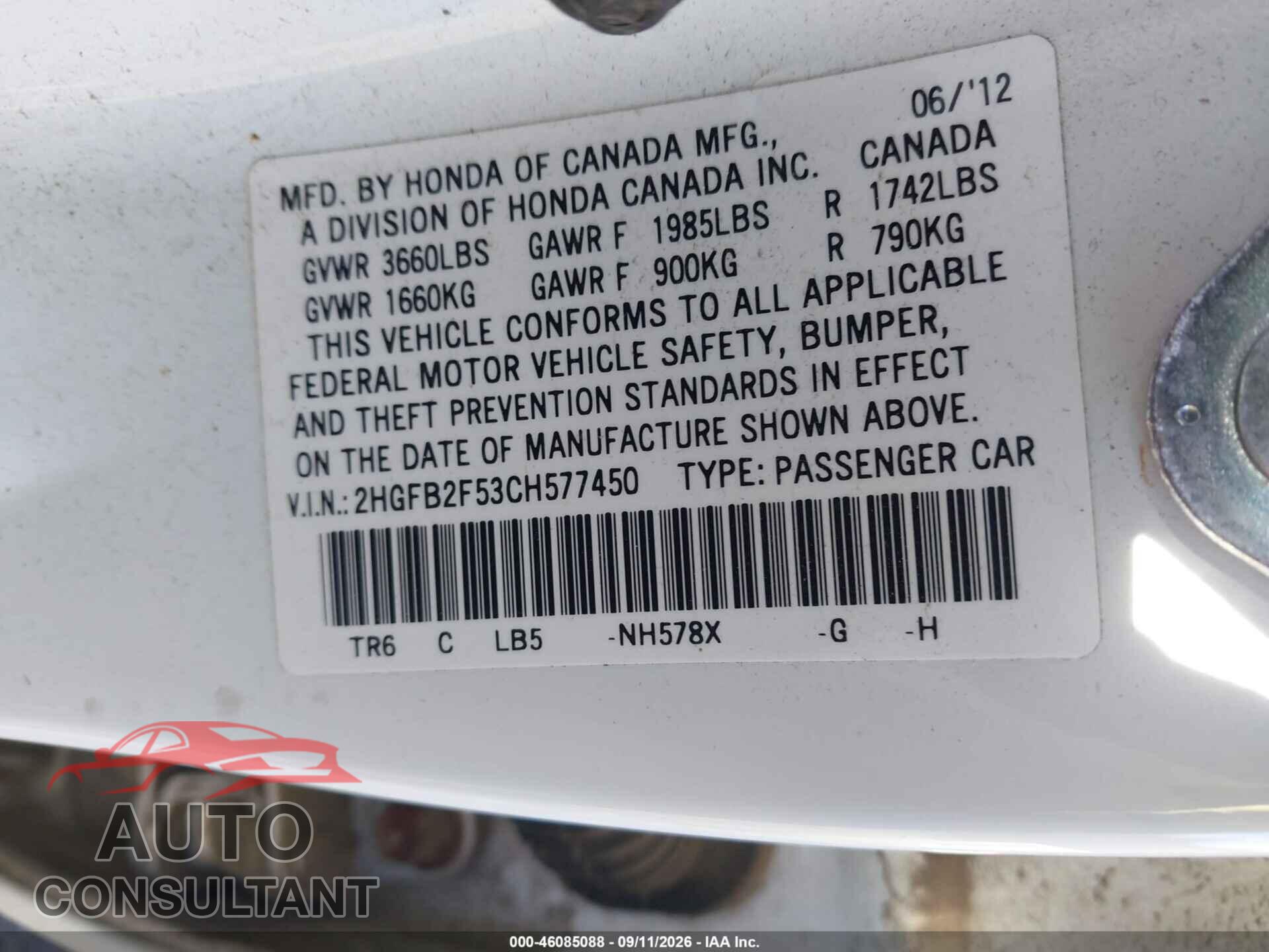 HONDA CIVIC 2012 - 2HGFB2F53CH577450