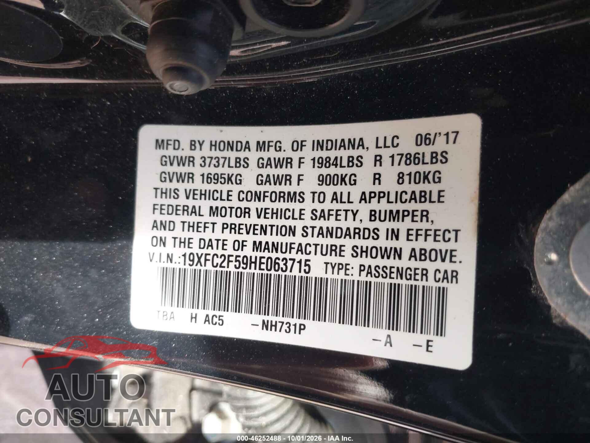HONDA CIVIC 2017 - 19XFC2F59HE063715